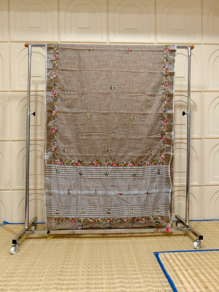 Linen cotton saree with bullion knot embroidery BN13BN13
