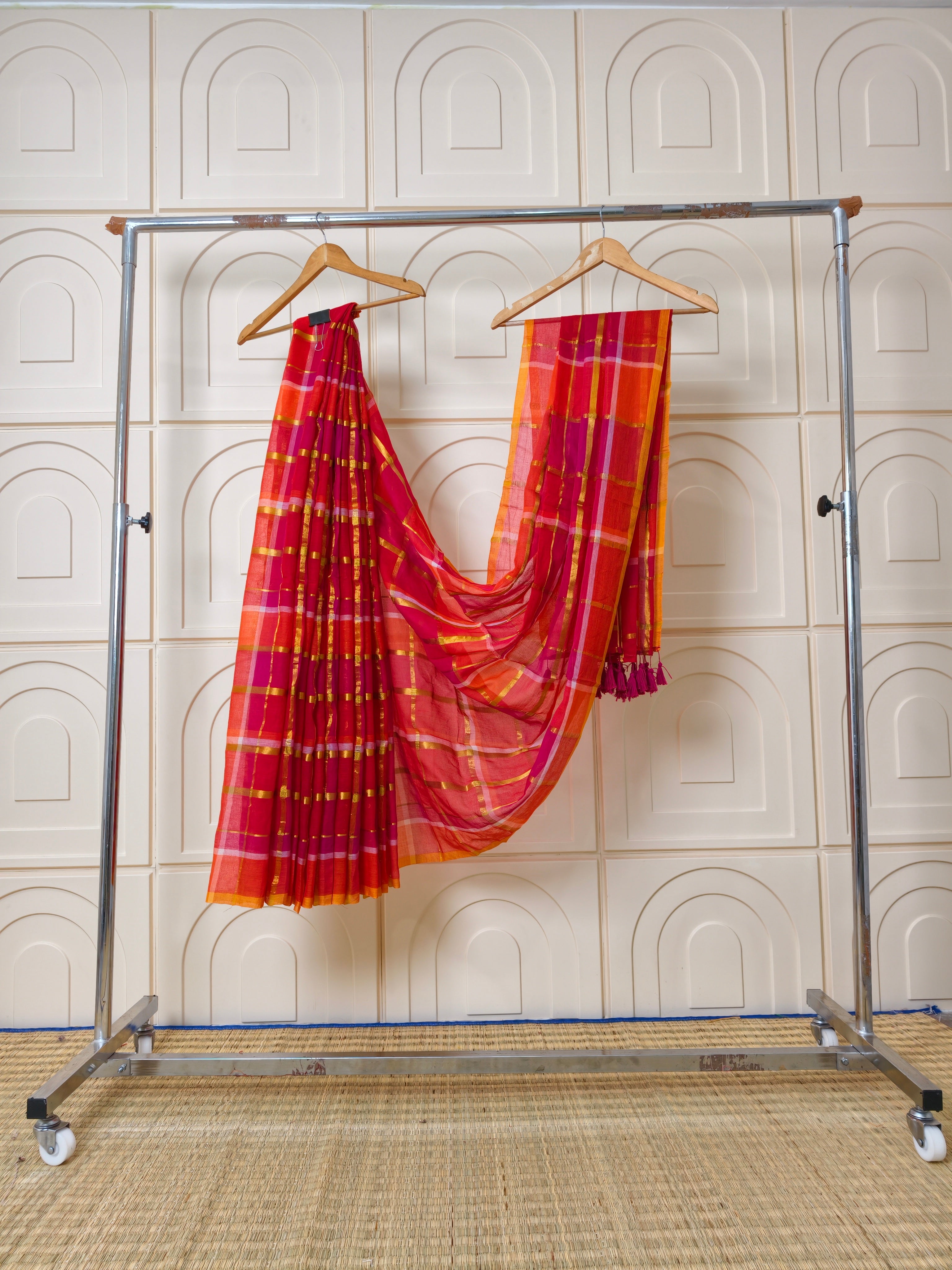 Premium multi big zari checks mul cotton saree PMK51