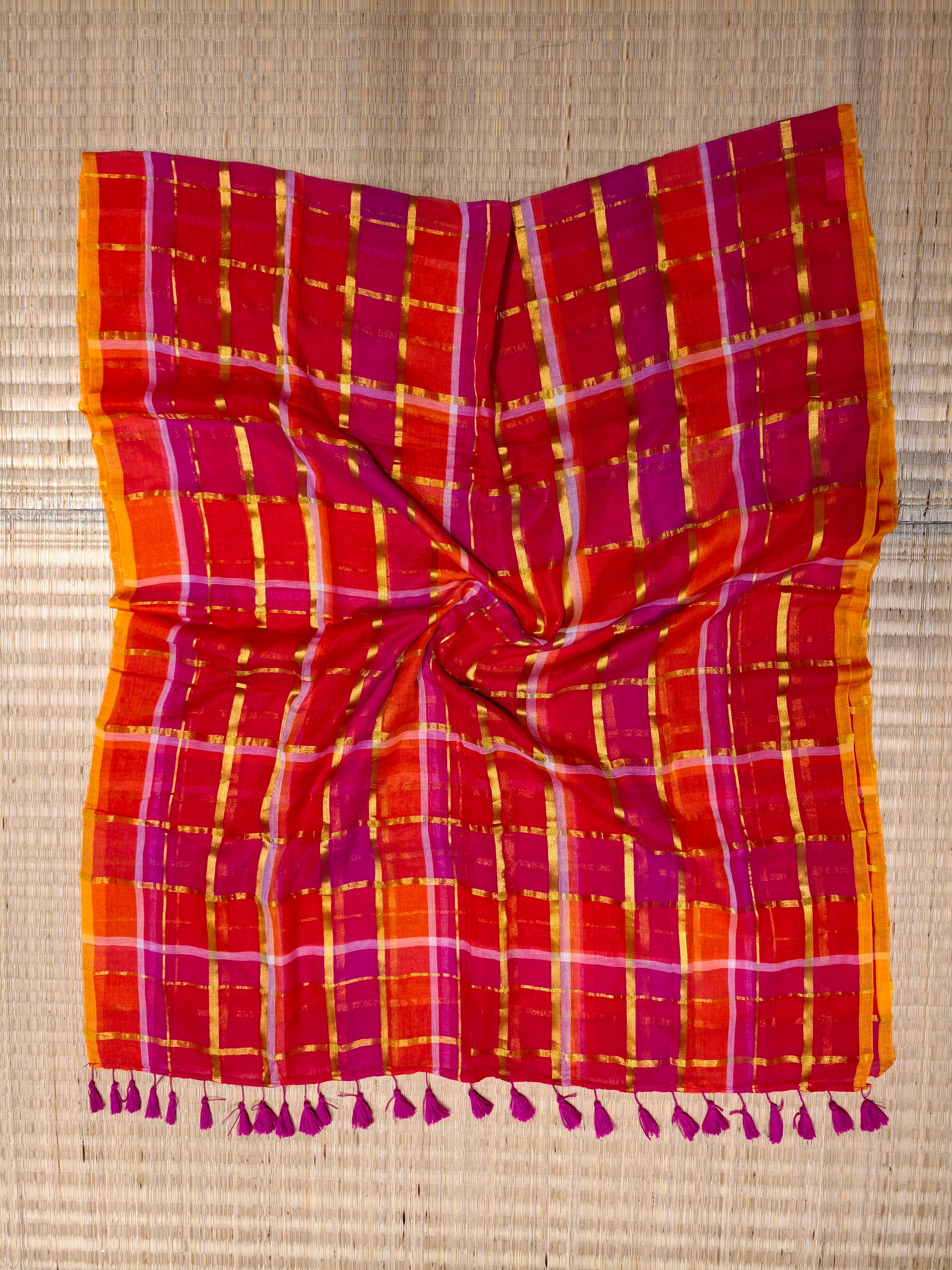 Premium multi big zari checks mul cotton saree PMK51