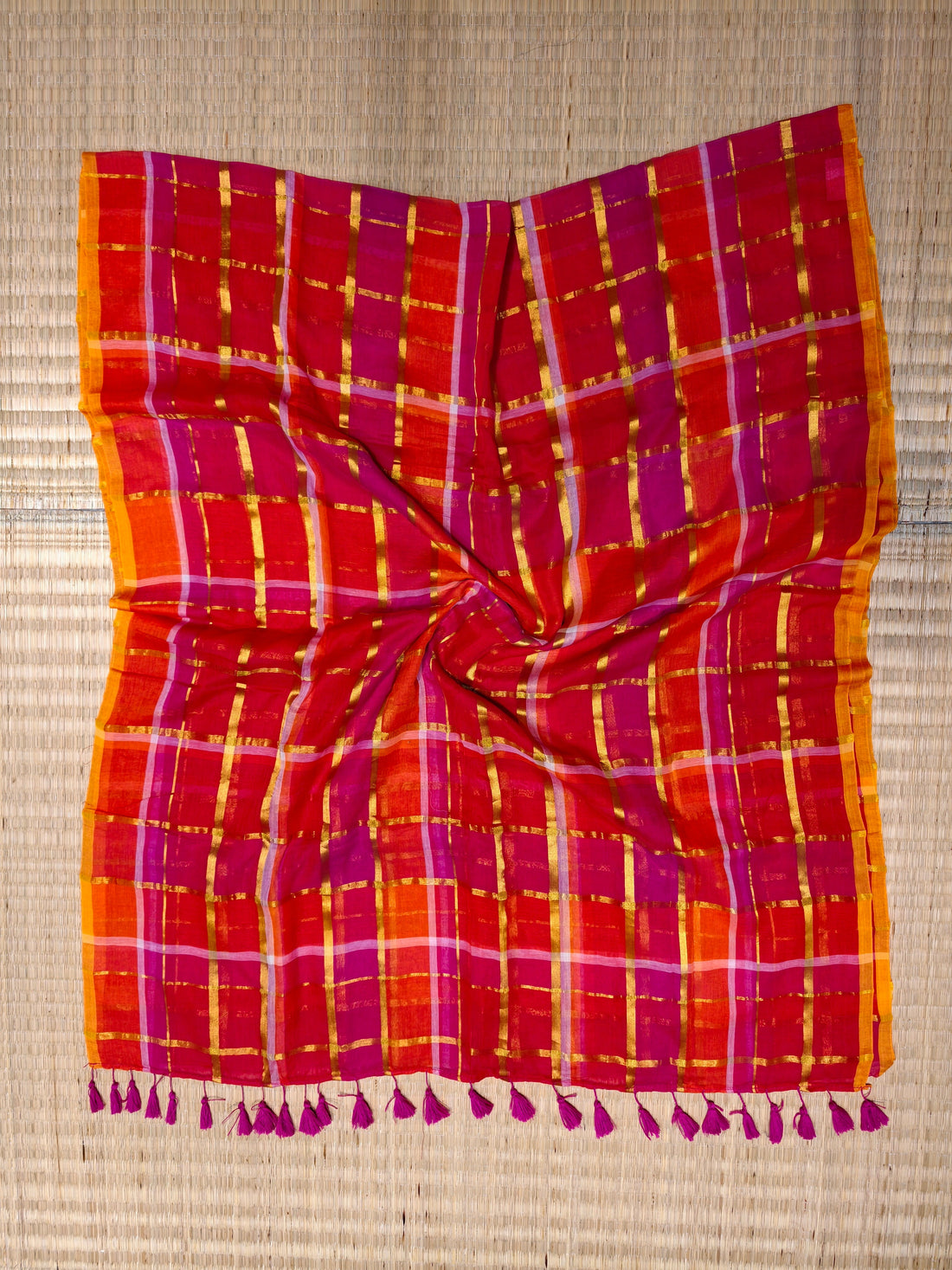 Premium multi big zari checks mul cotton saree PMK51