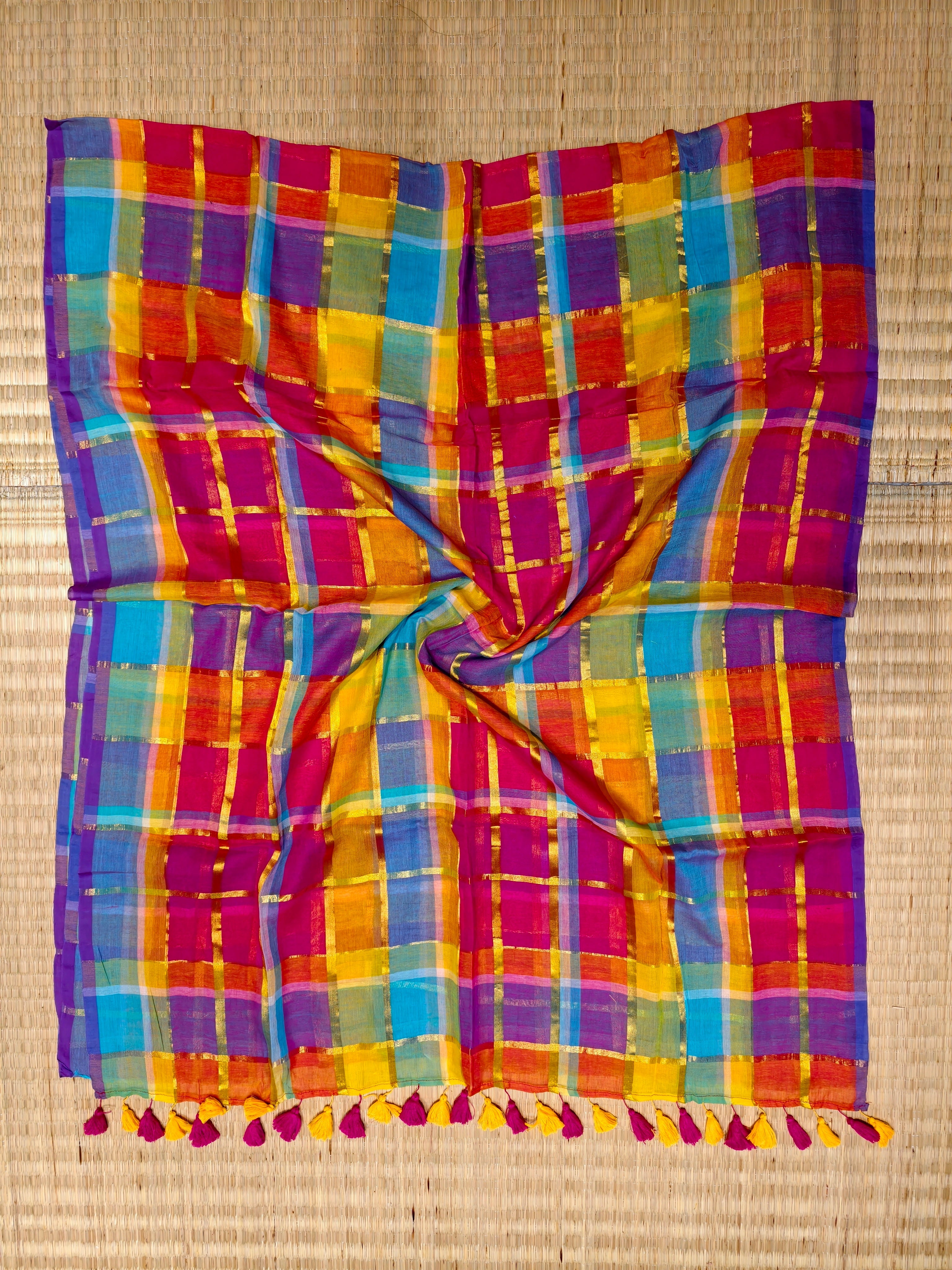 Premium multi big zari checks mul cotton saree PMK51