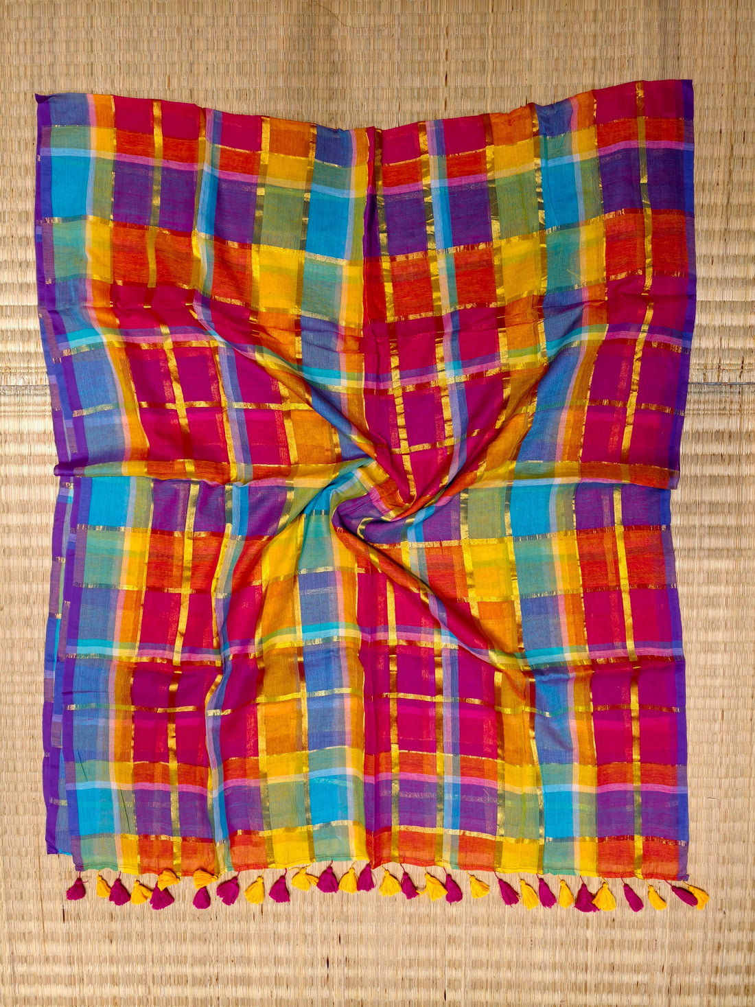 Premium multi big zari checks mul cotton saree PMK51