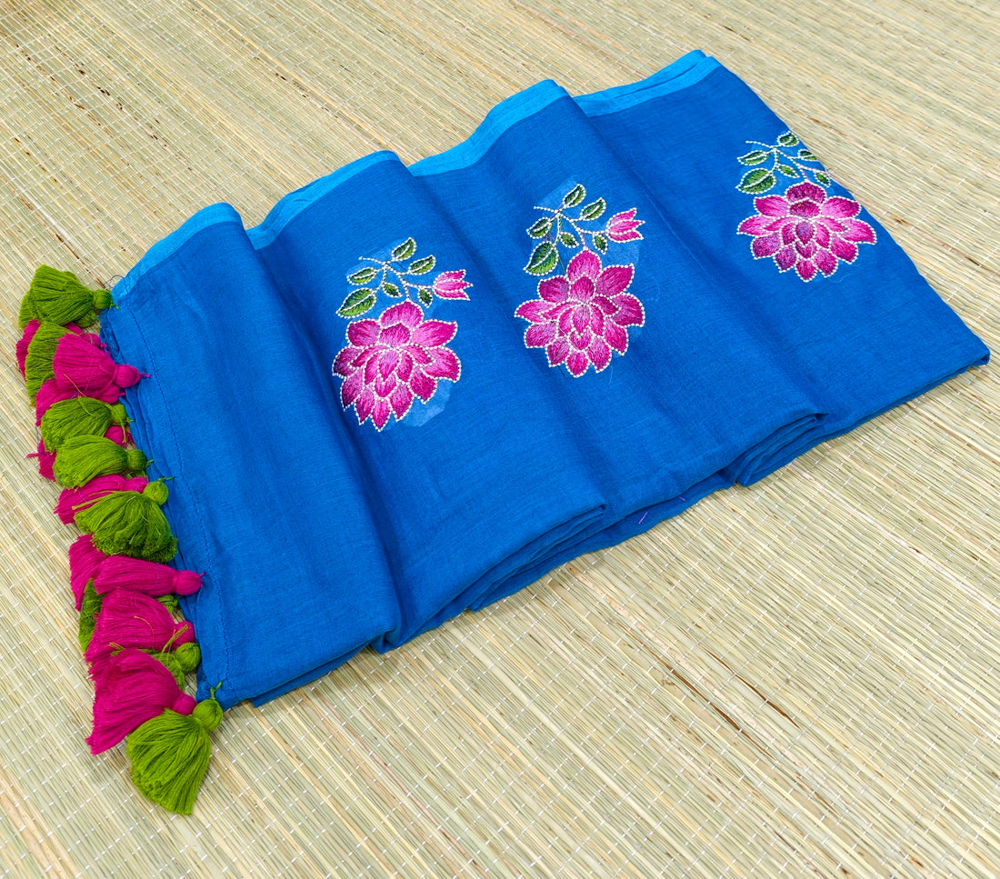 Premium Mul cotton saree with lotus embroidery