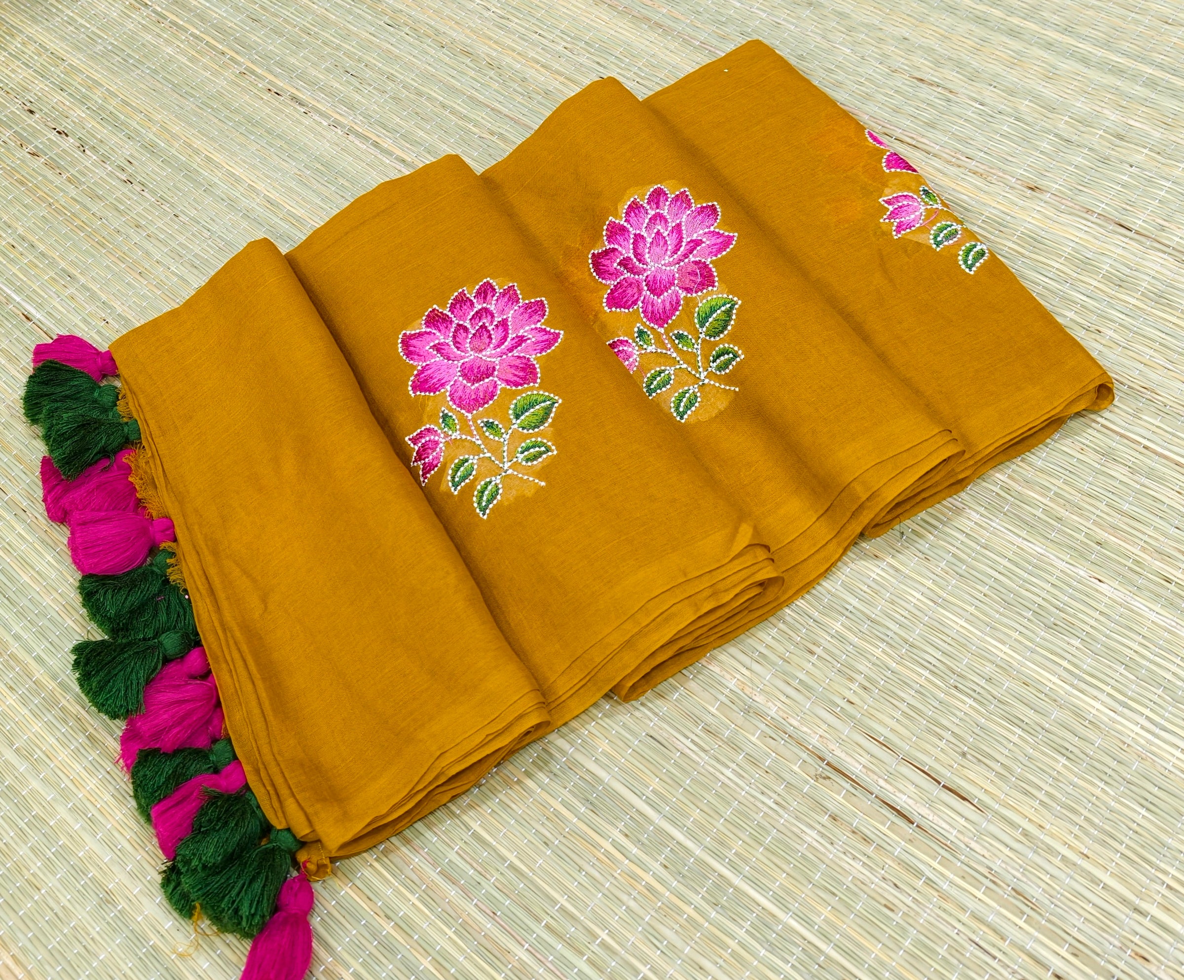 Premium Mul cotton saree with lotus embroidery