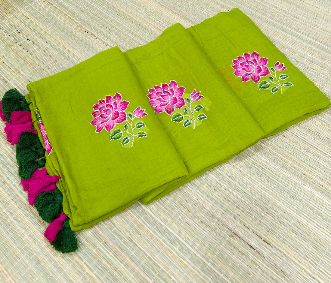 Premium Mul cotton saree with lotus embroidery