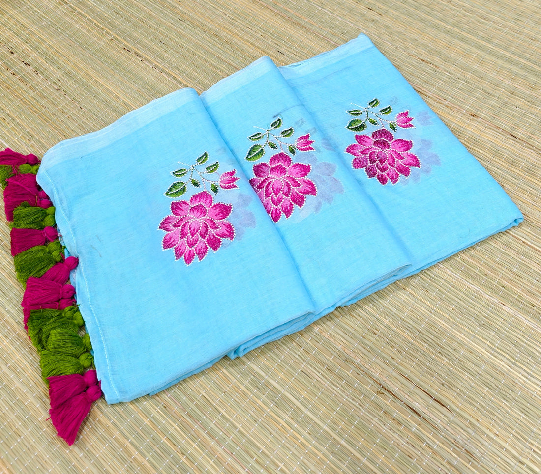 Premium Mul cotton saree with lotus embroidery