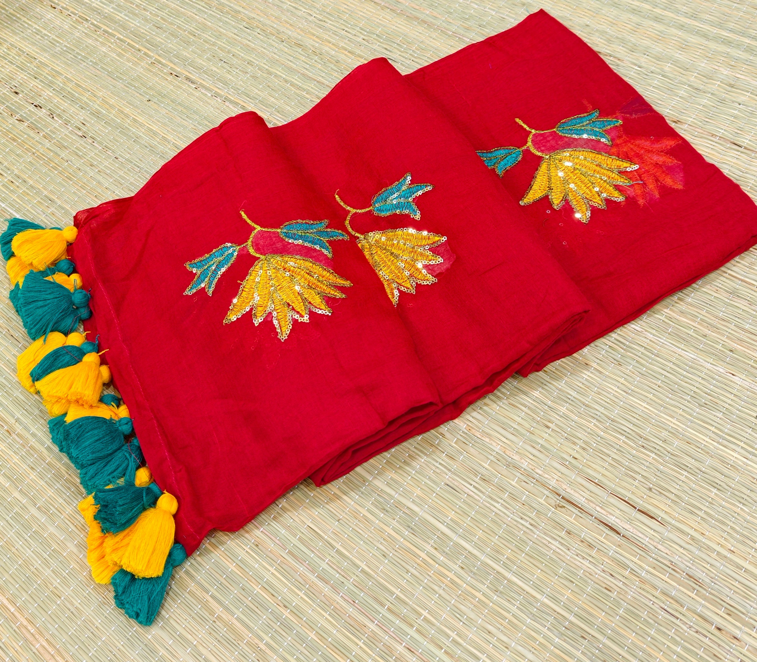 Premium flower sequence embroidery mul cotton saree