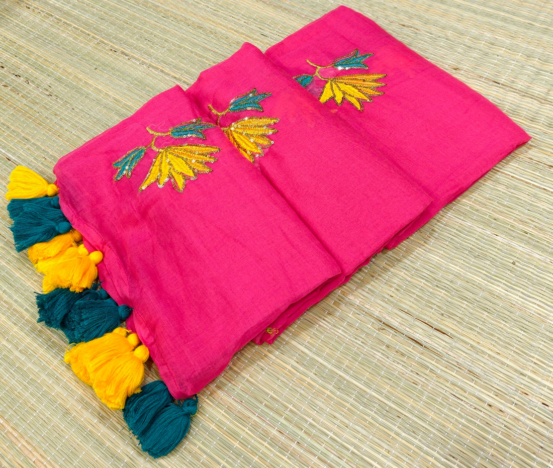 Premium flower sequence embroidery mul cotton saree