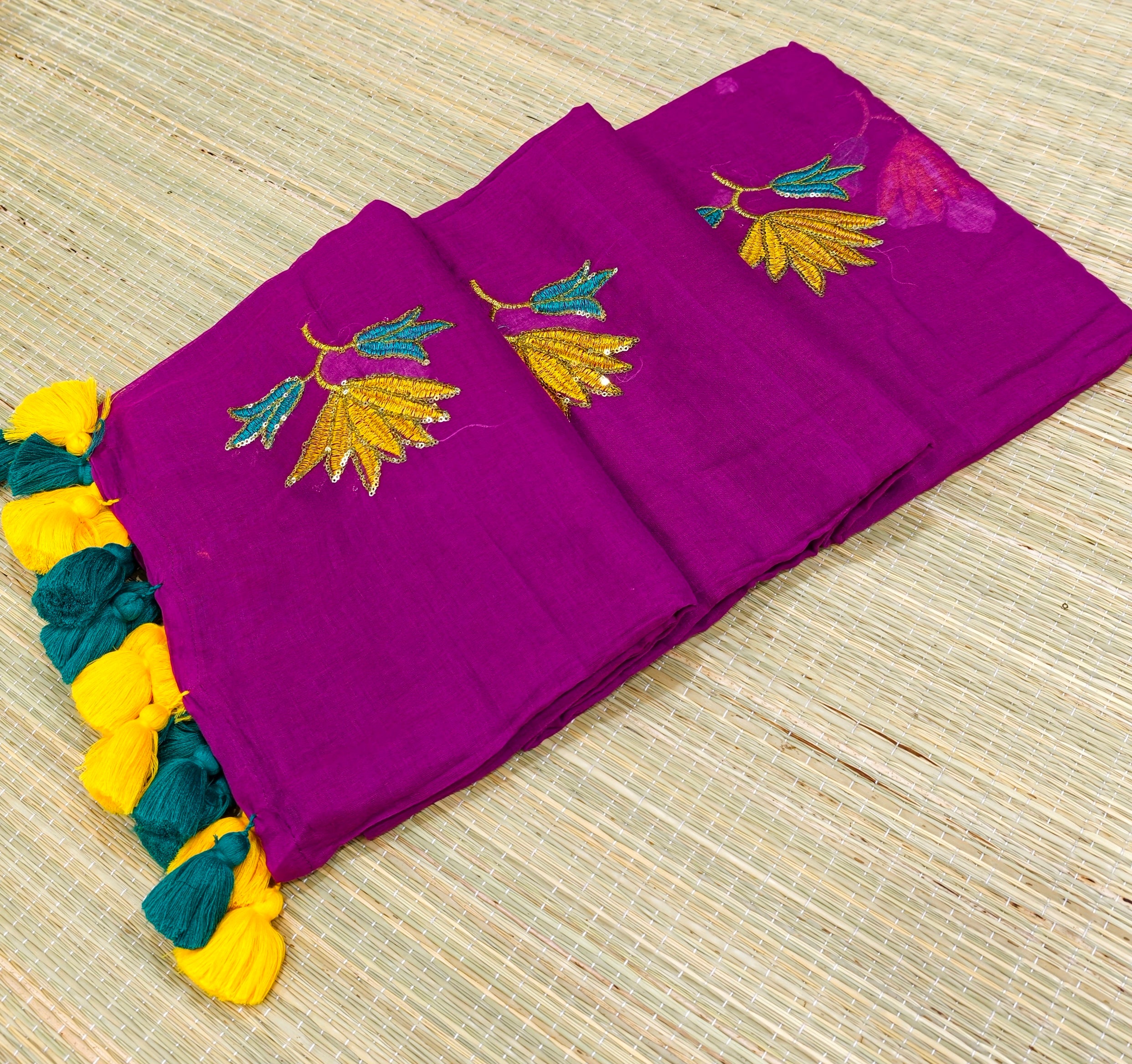 Premium flower sequence embroidery mul cotton saree