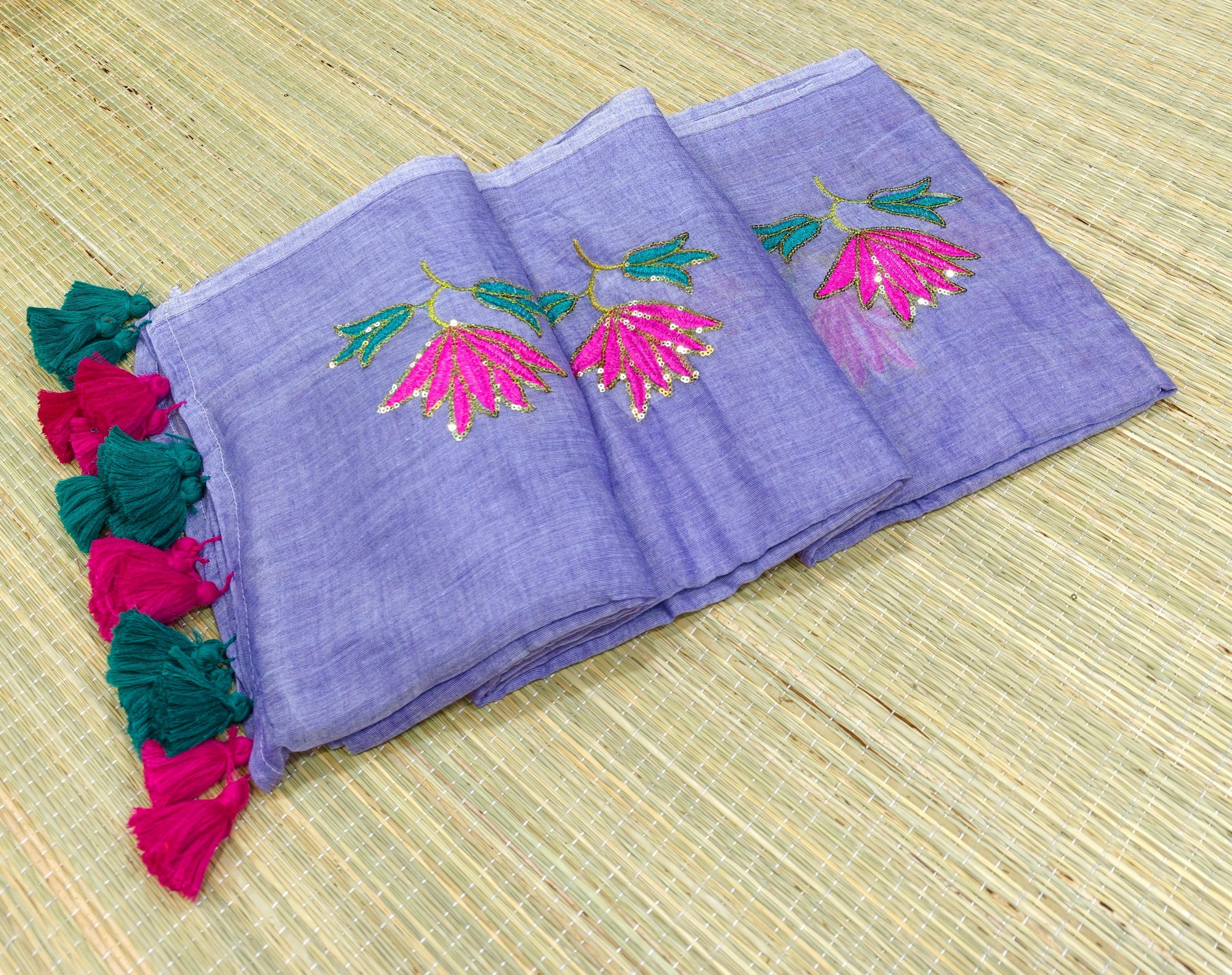 Premium flower sequence embroidery mul cotton saree