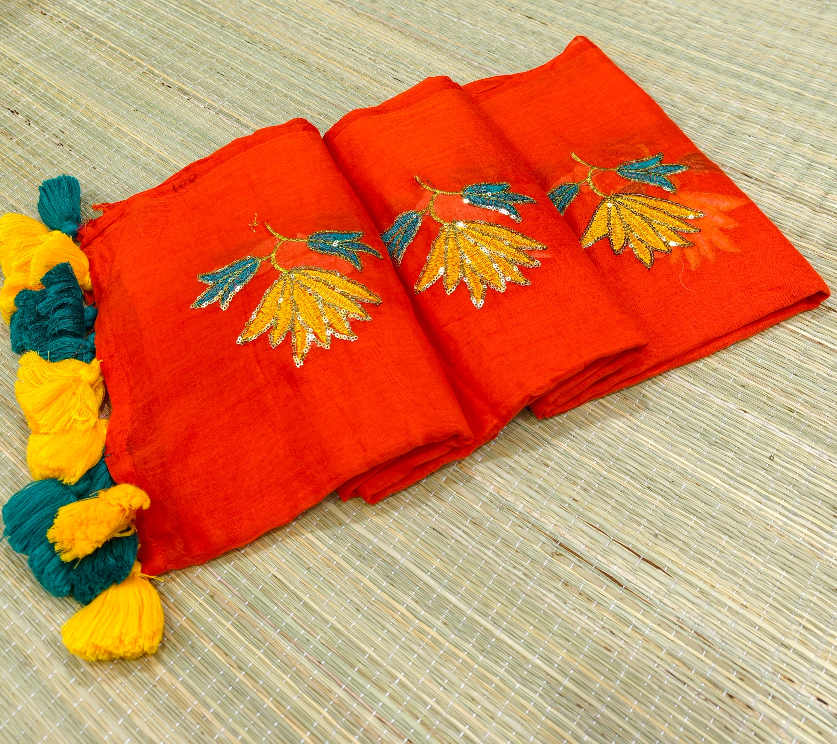 Premium flower sequence embroidery mul cotton saree