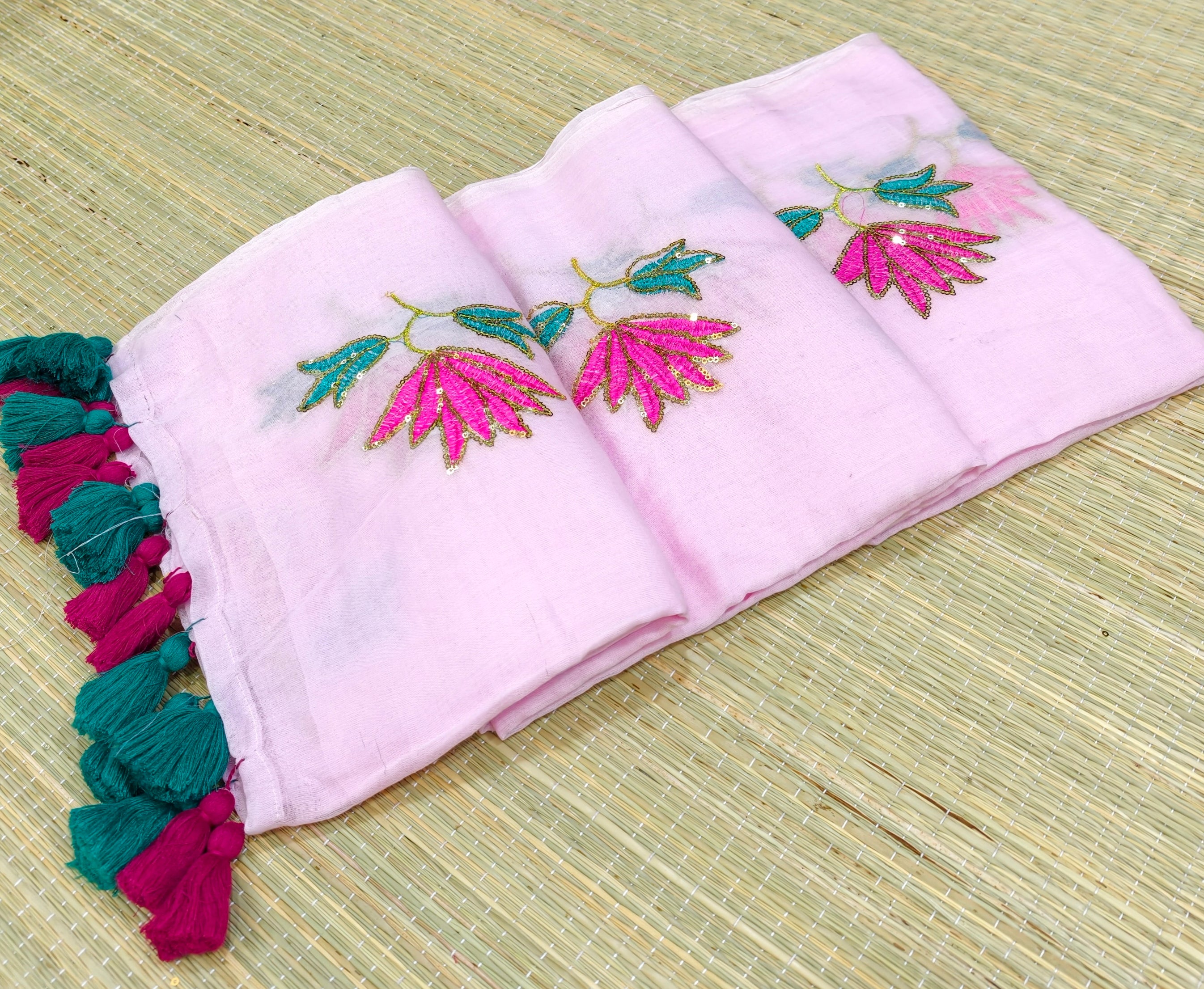 Premium flower sequence embroidery mul cotton saree