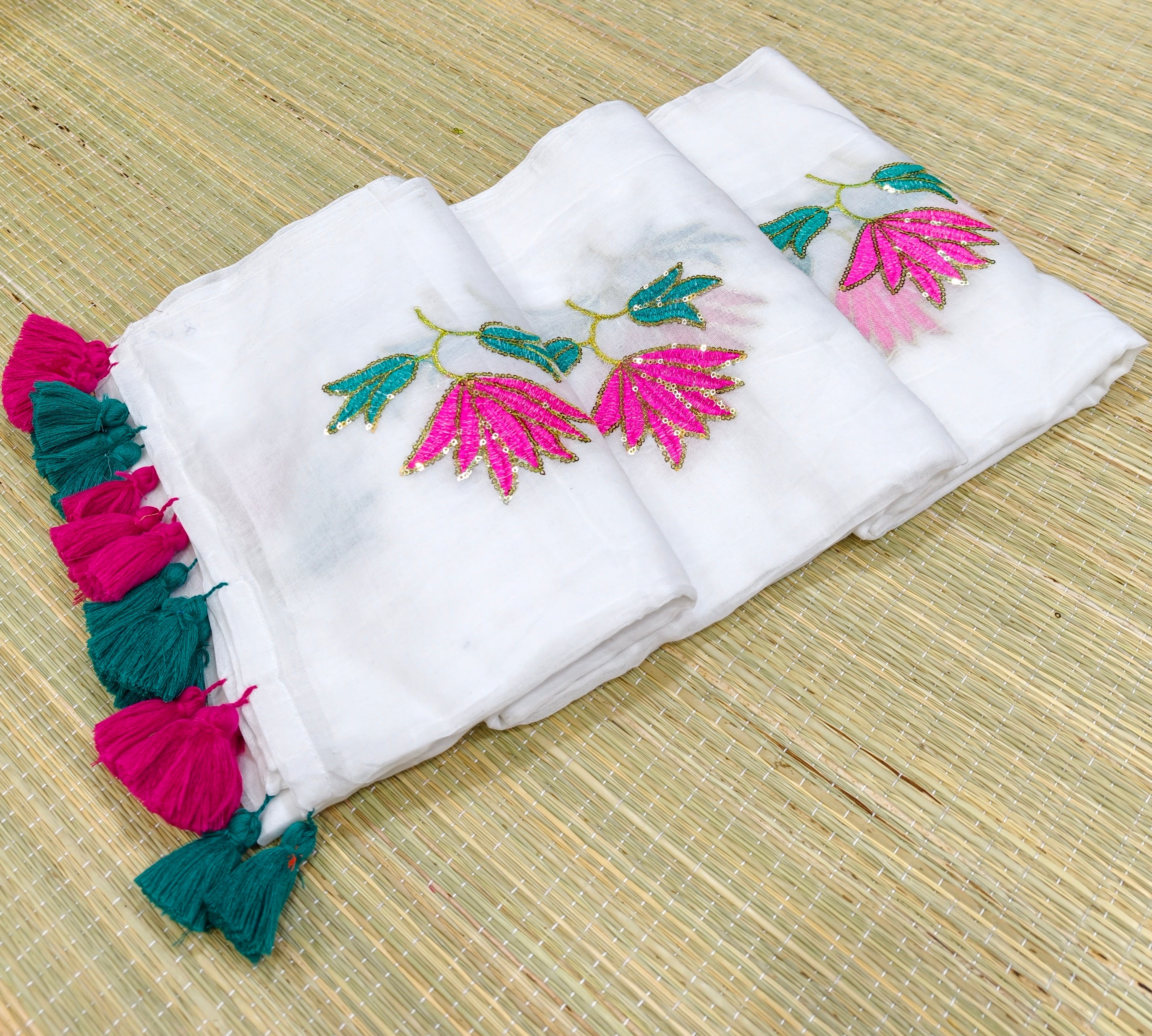 Premium flower sequence embroidery mul cotton saree