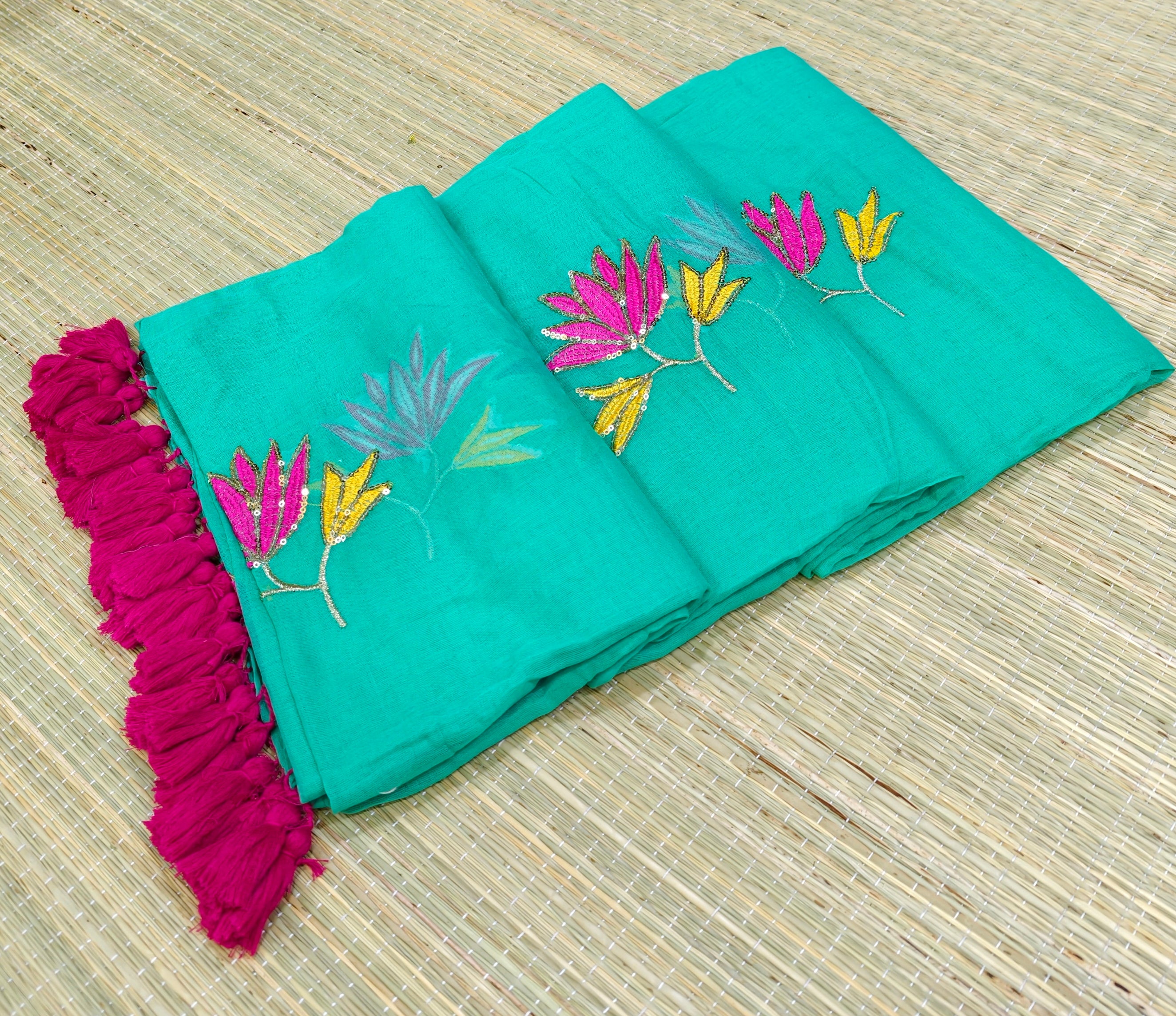 Premium flower sequence embroidery mul cotton saree