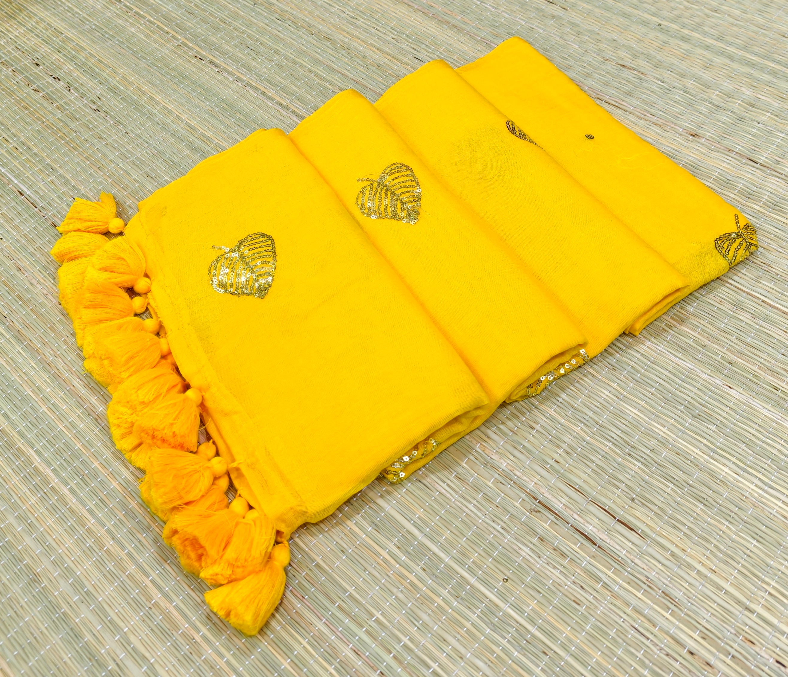 Premium Mul cotton saree with leaf sequence embroidery