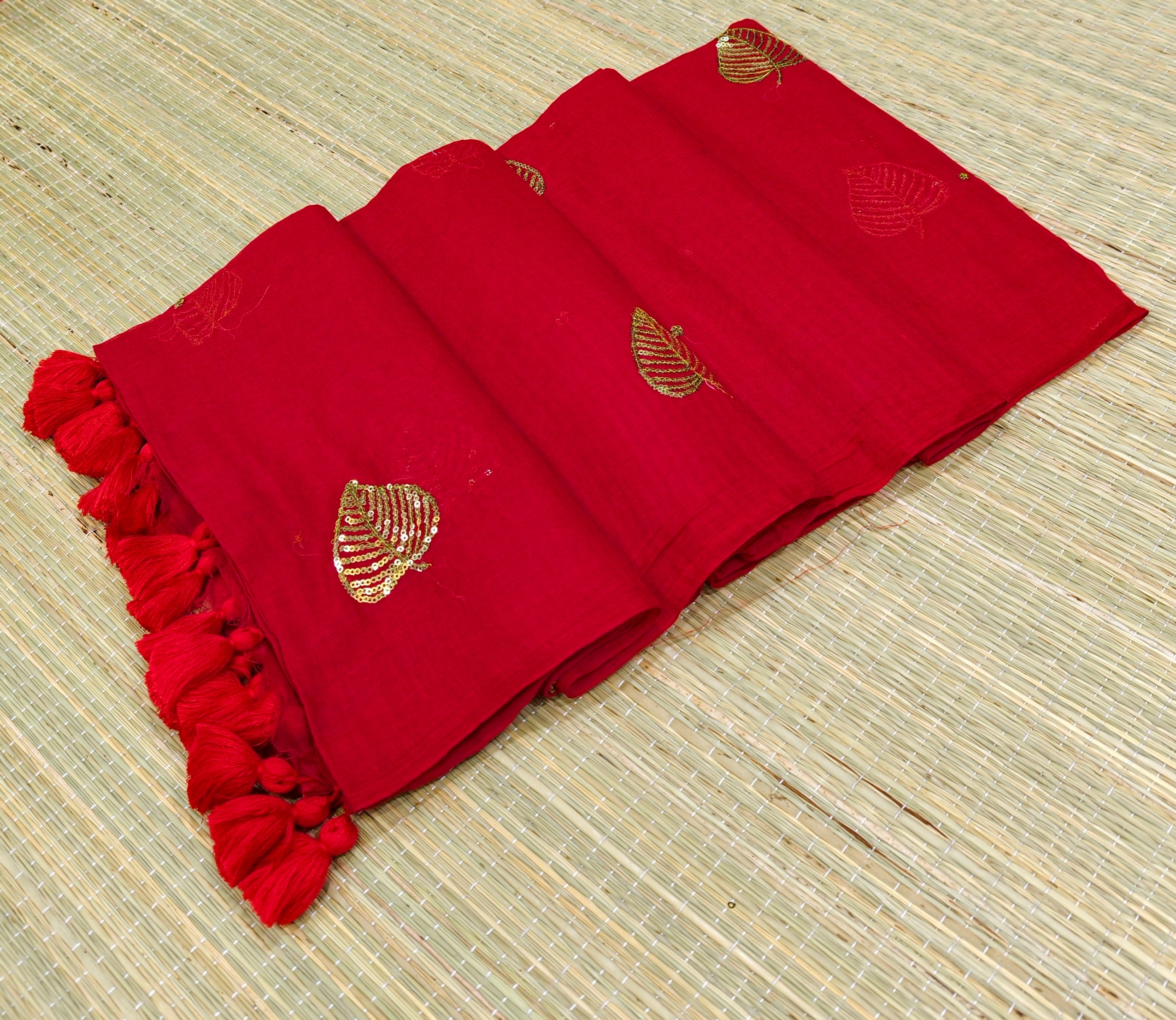 Premium Mul cotton saree with leaf sequence embroidery
