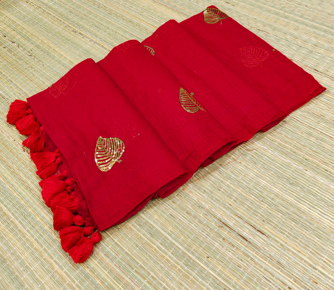 Premium Mul cotton saree with leaf sequence embroidery