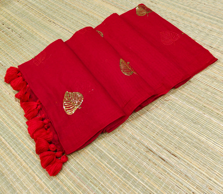 Premium Mul cotton saree with leaf sequence embroidery