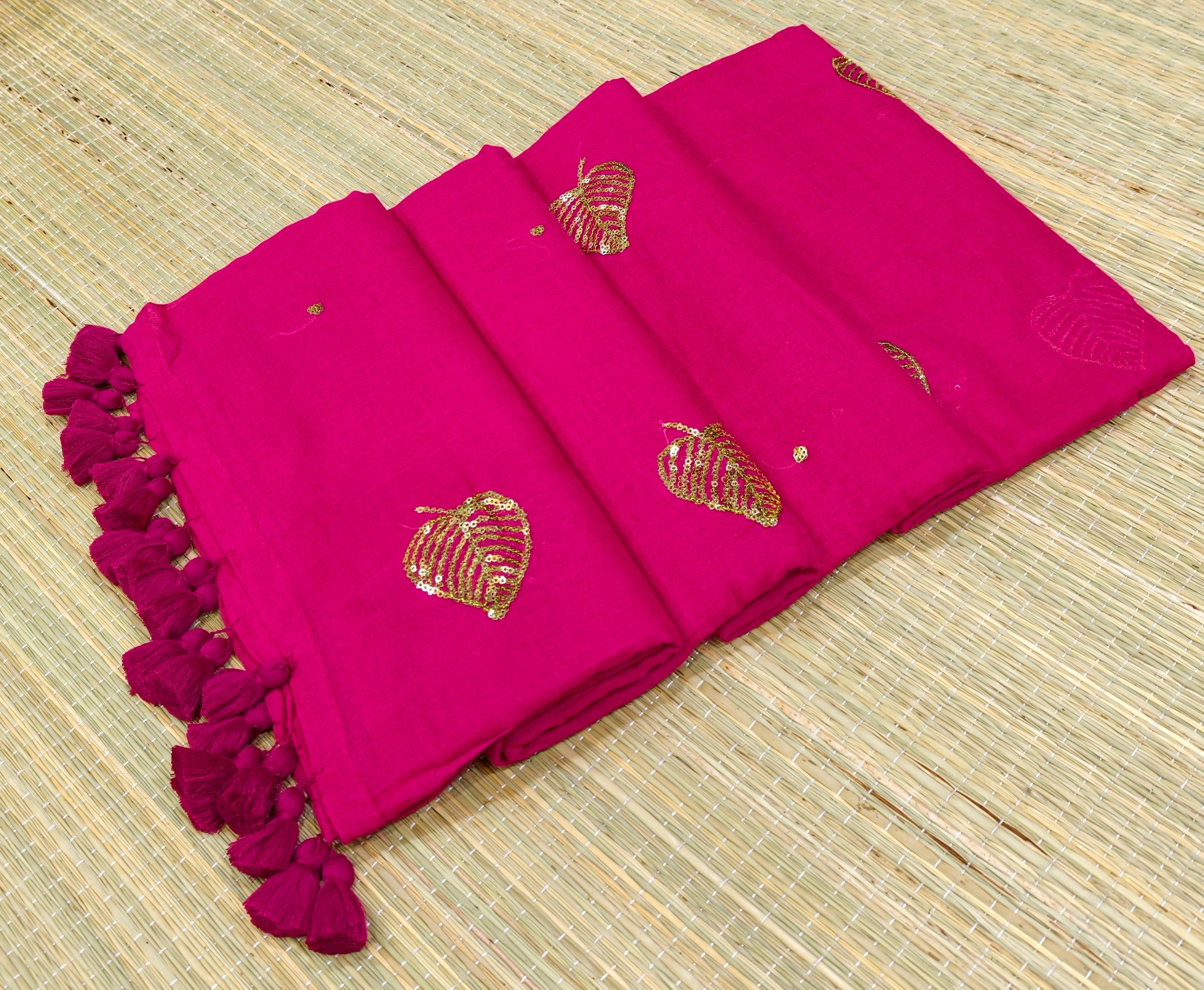 Premium Mul cotton saree with leaf sequence embroidery