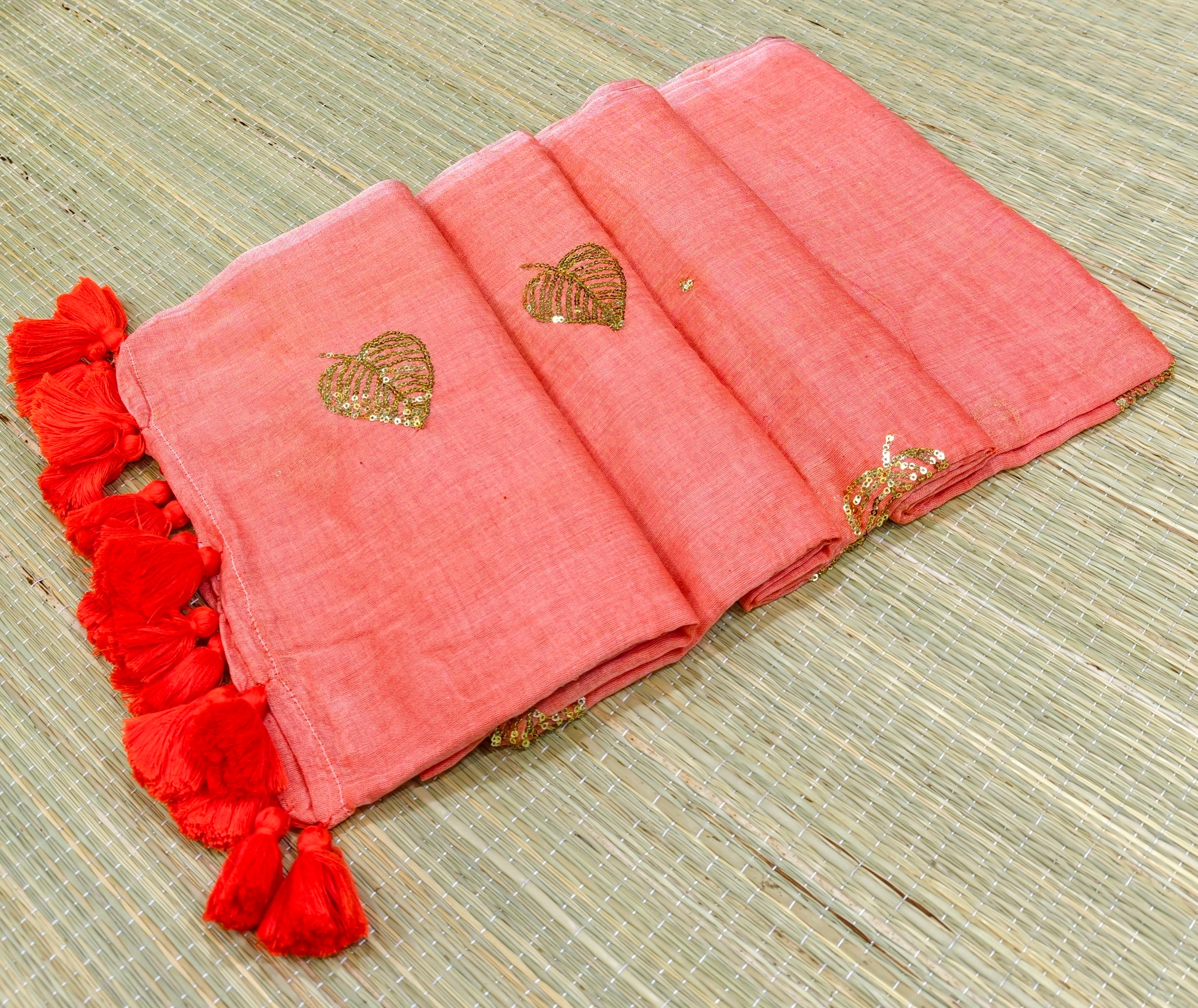 Premium Mul cotton saree with leaf sequence embroidery