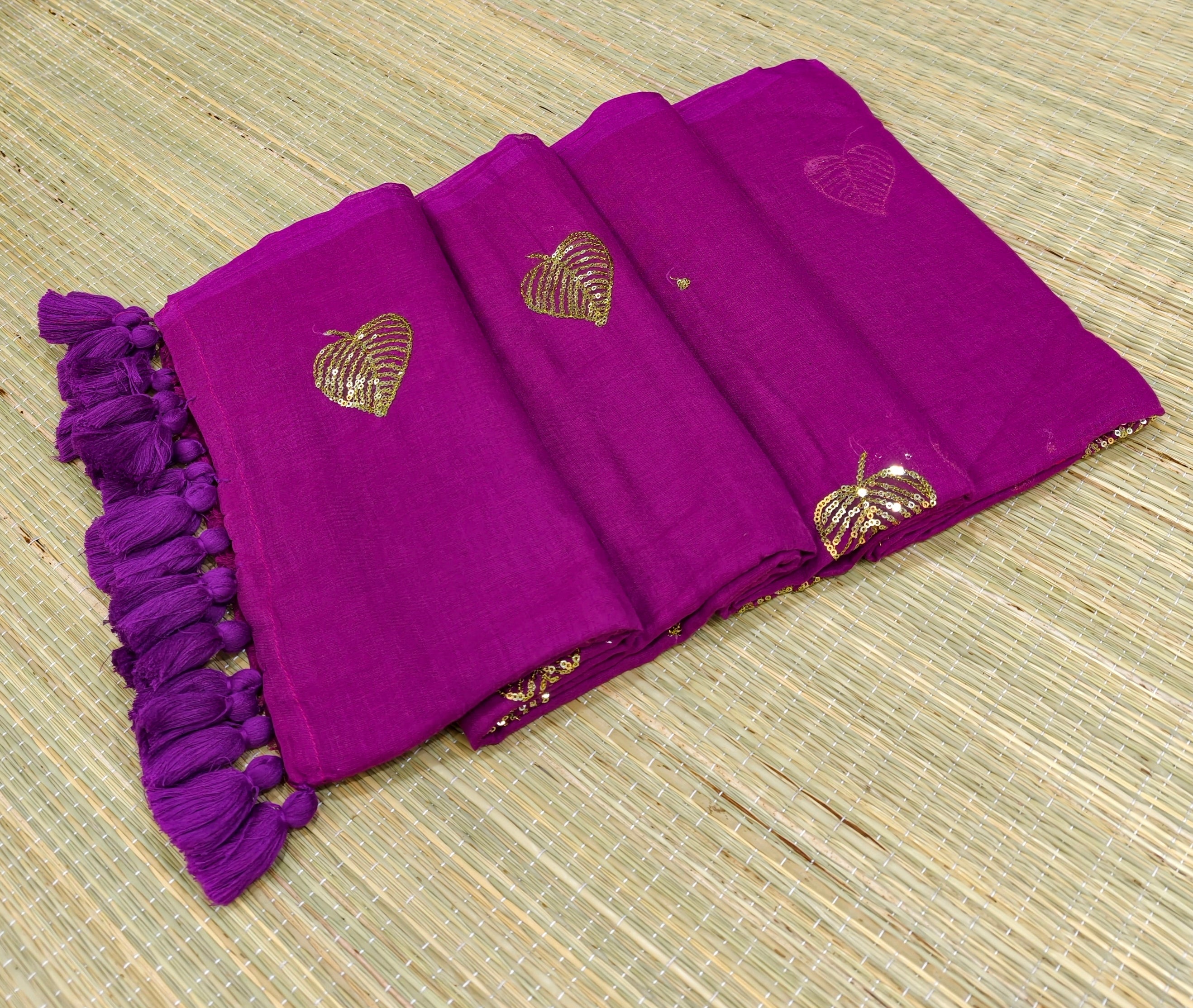 Premium Mul cotton saree with leaf sequence embroidery
