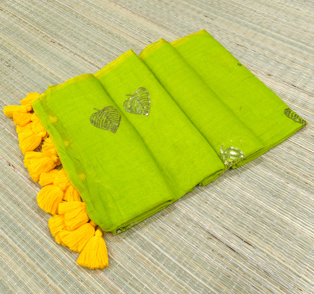 Premium Mul cotton saree with leaf sequence embroidery