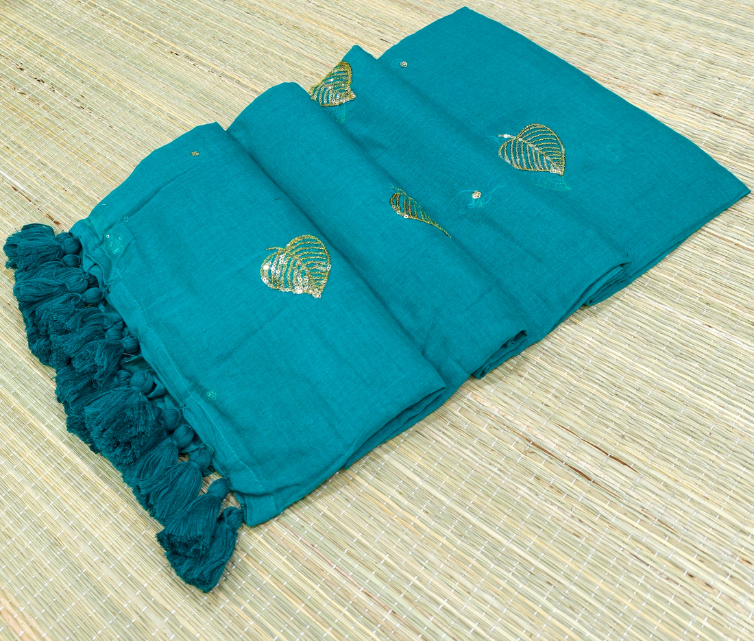 Premium Mul cotton saree with leaf sequence embroidery