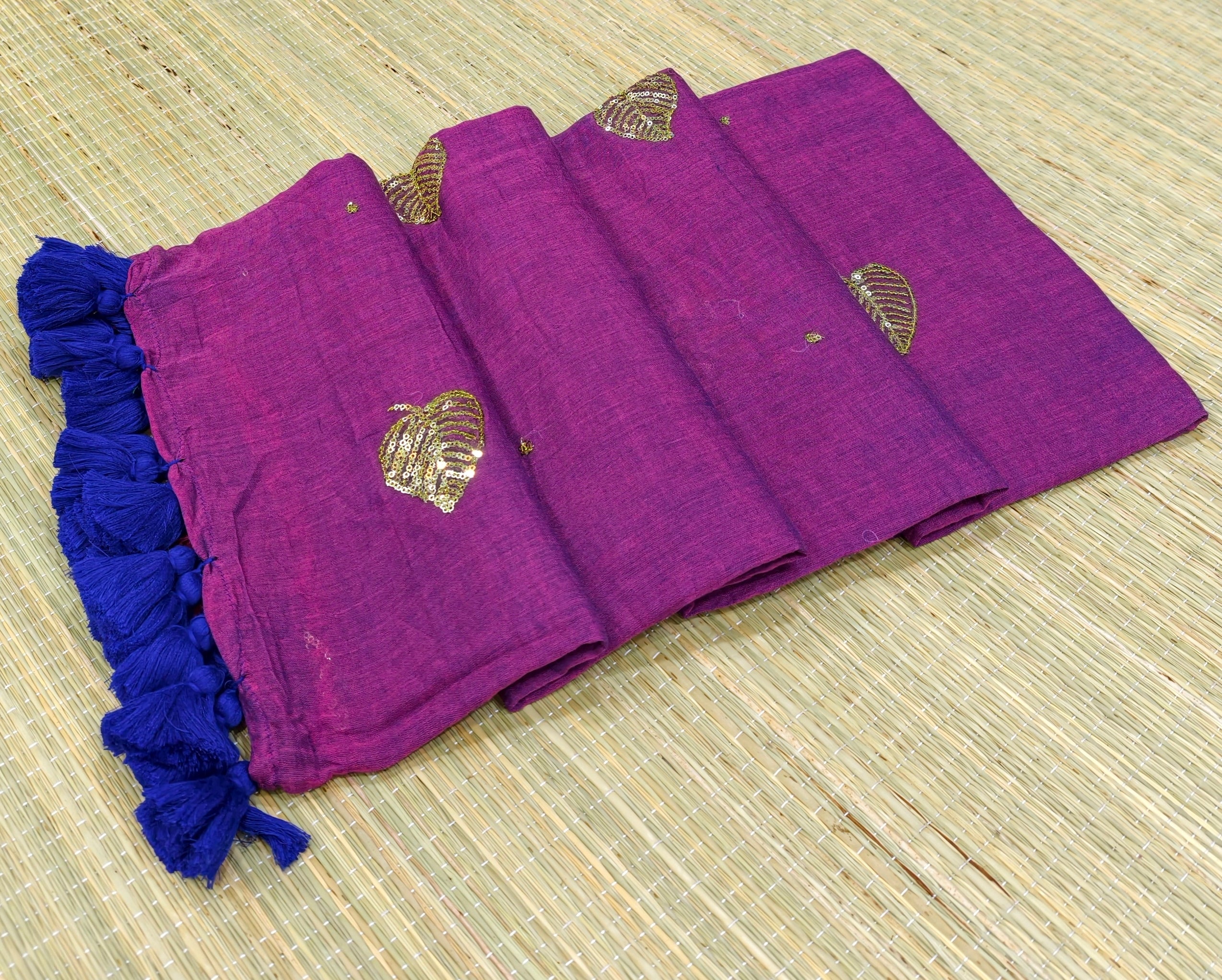 Premium Mul cotton saree with leaf sequence embroidery