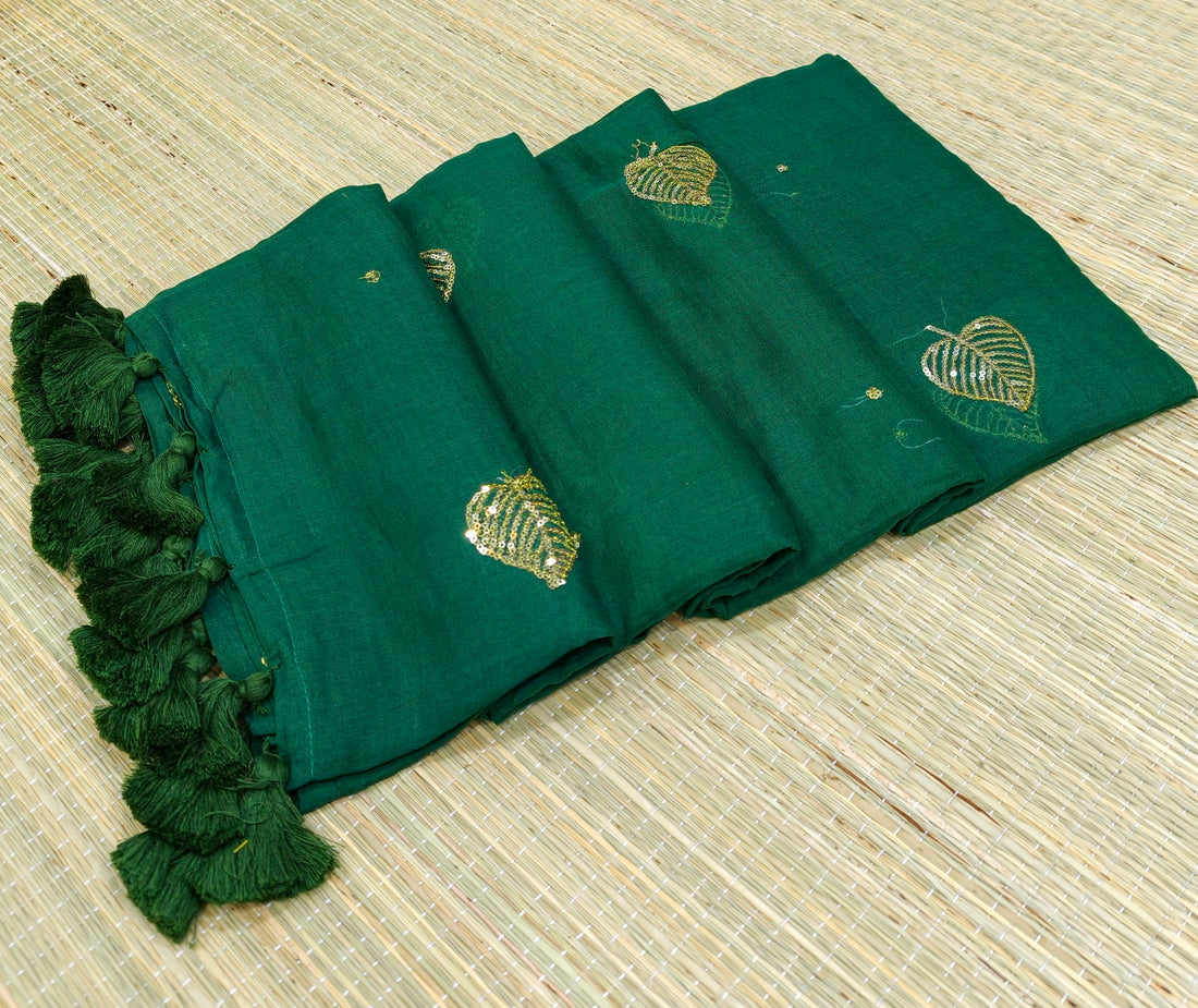 Premium Mul cotton saree with leaf sequence embroidery