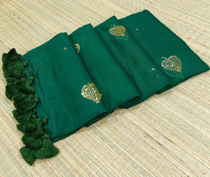 Premium Mul cotton saree with leaf sequence embroidery