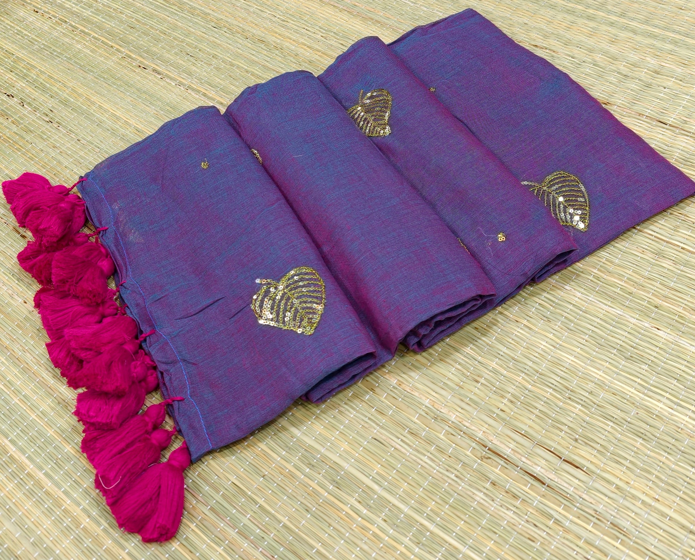 Premium Mul cotton saree with leaf sequence embroidery