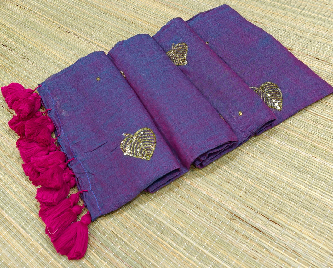 Premium Mul cotton saree with leaf sequence embroidery