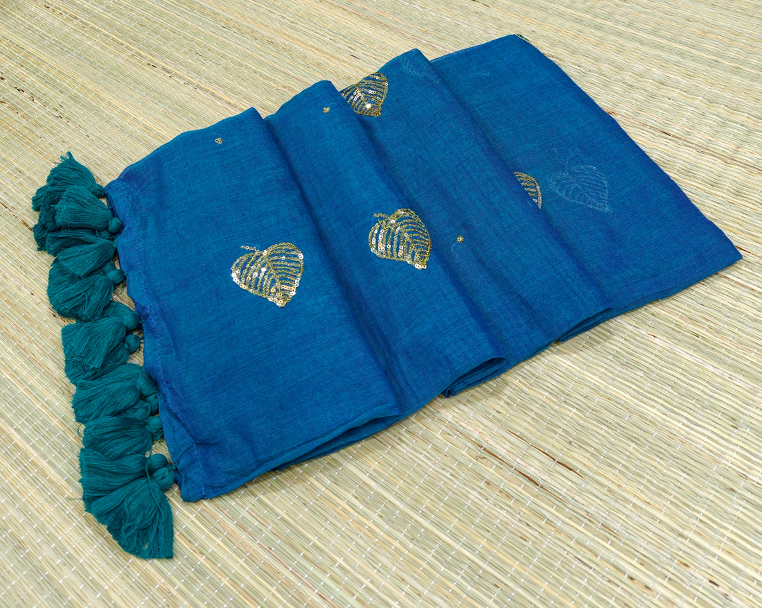 Premium Mul cotton saree with leaf sequence embroidery