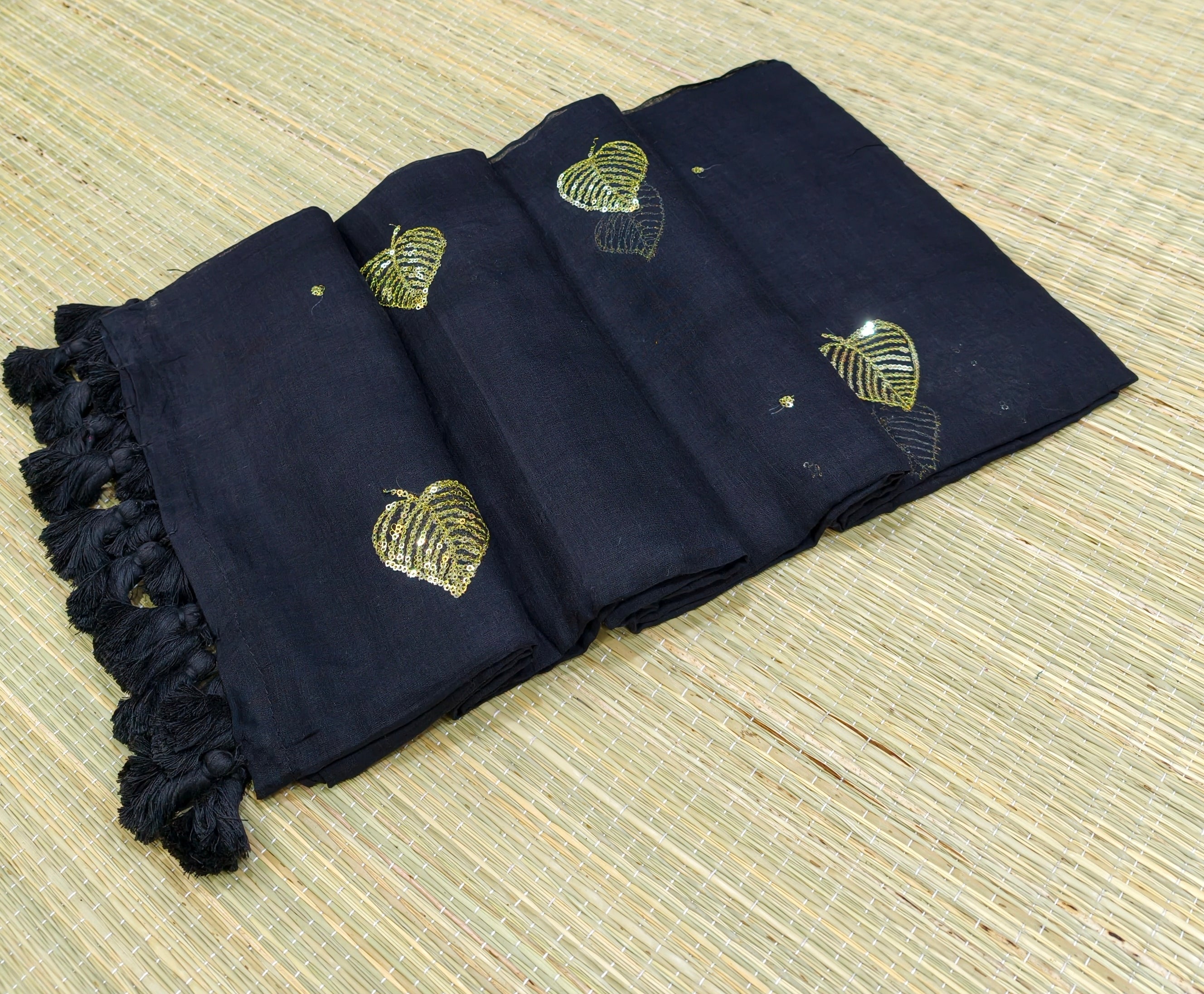 Premium Mul cotton saree with leaf sequence embroidery