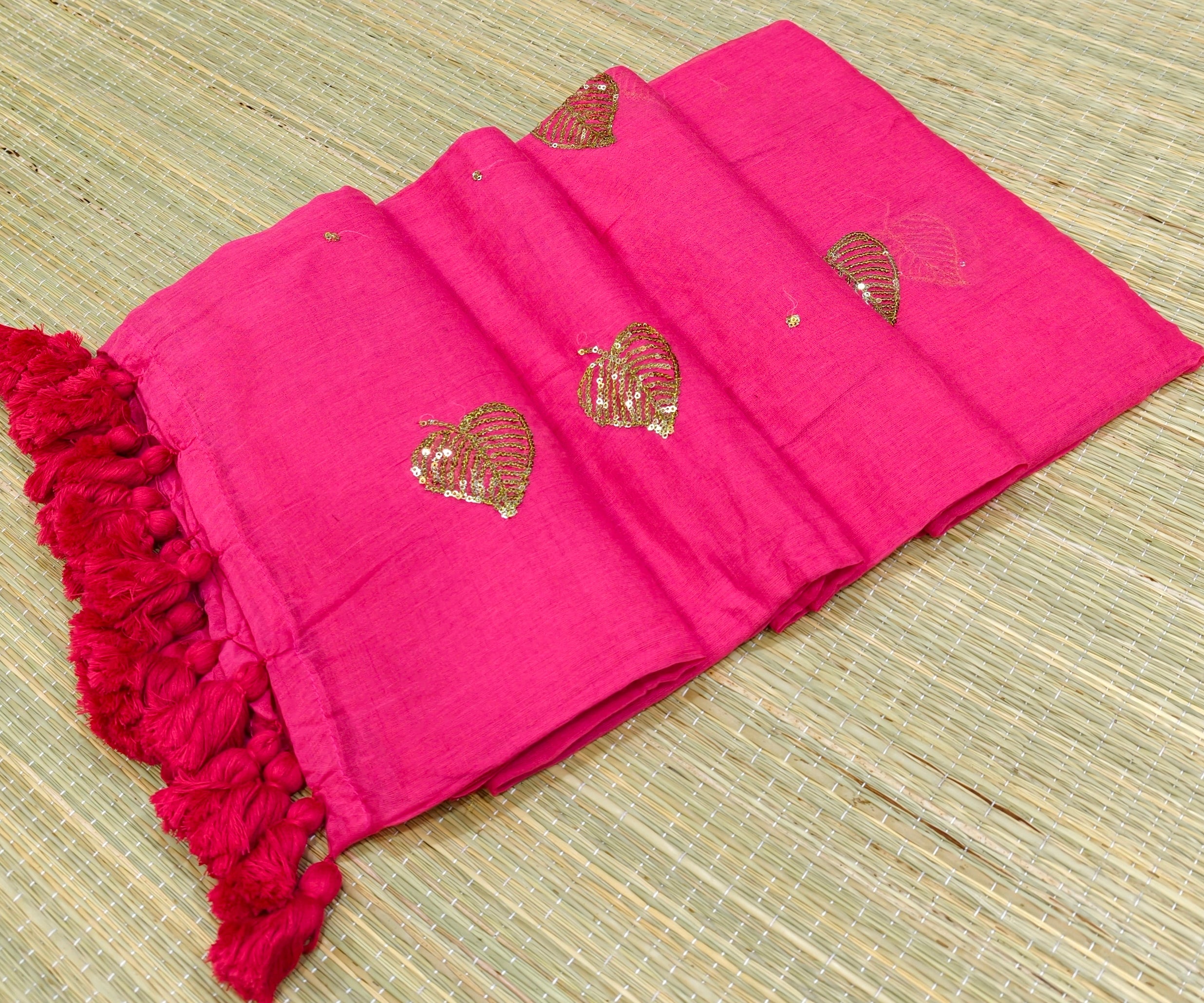 Premium Mul cotton saree with leaf sequence embroidery