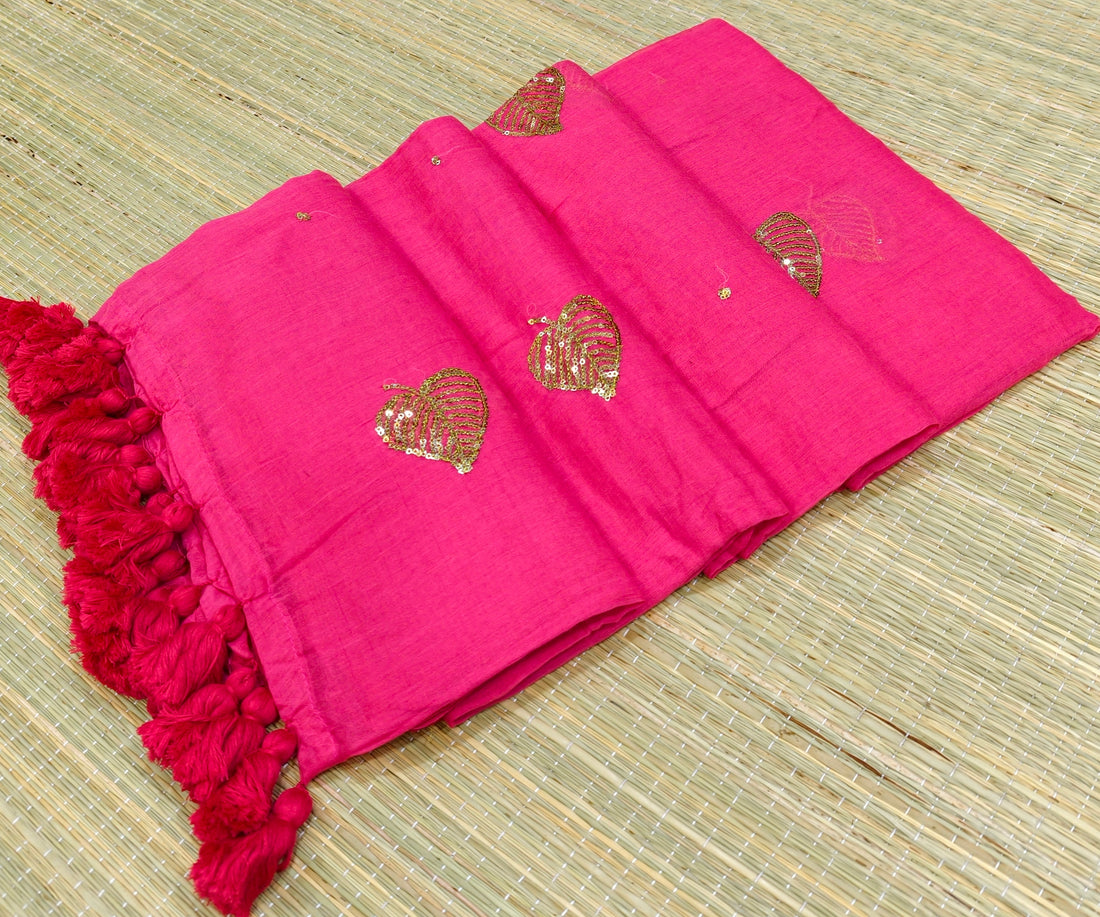 Premium Mul cotton saree with leaf sequence embroidery