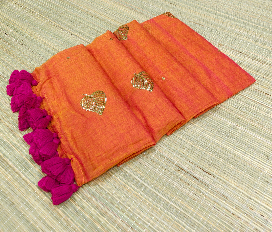 Premium Mul cotton saree with leaf sequence embroidery