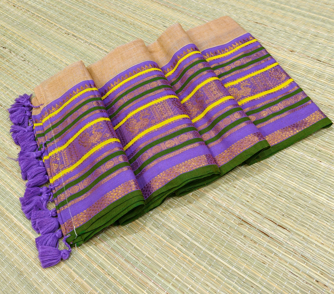 Mul cotton saree with purple kanchi border