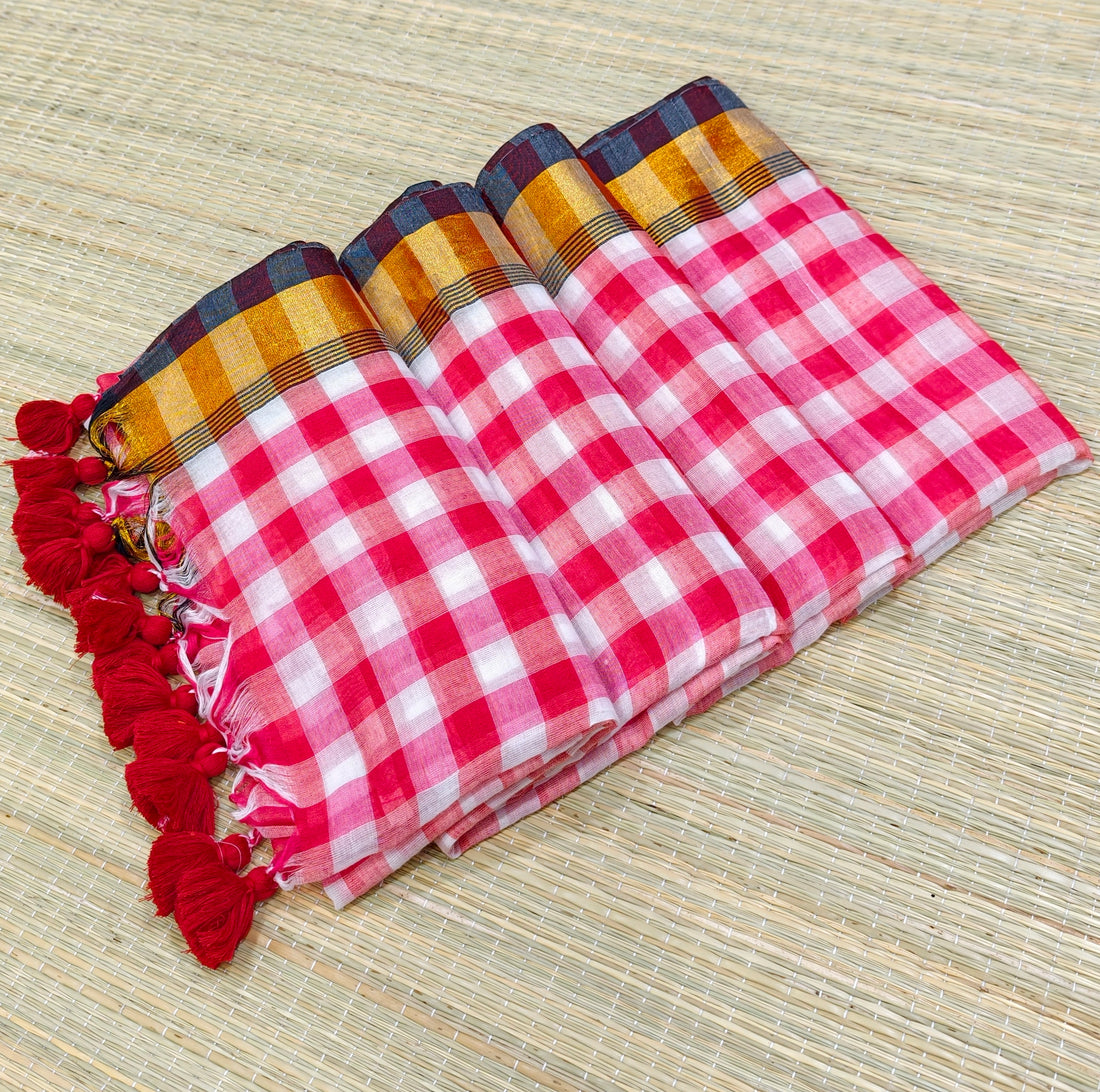 Mul cotton check saree with zari border