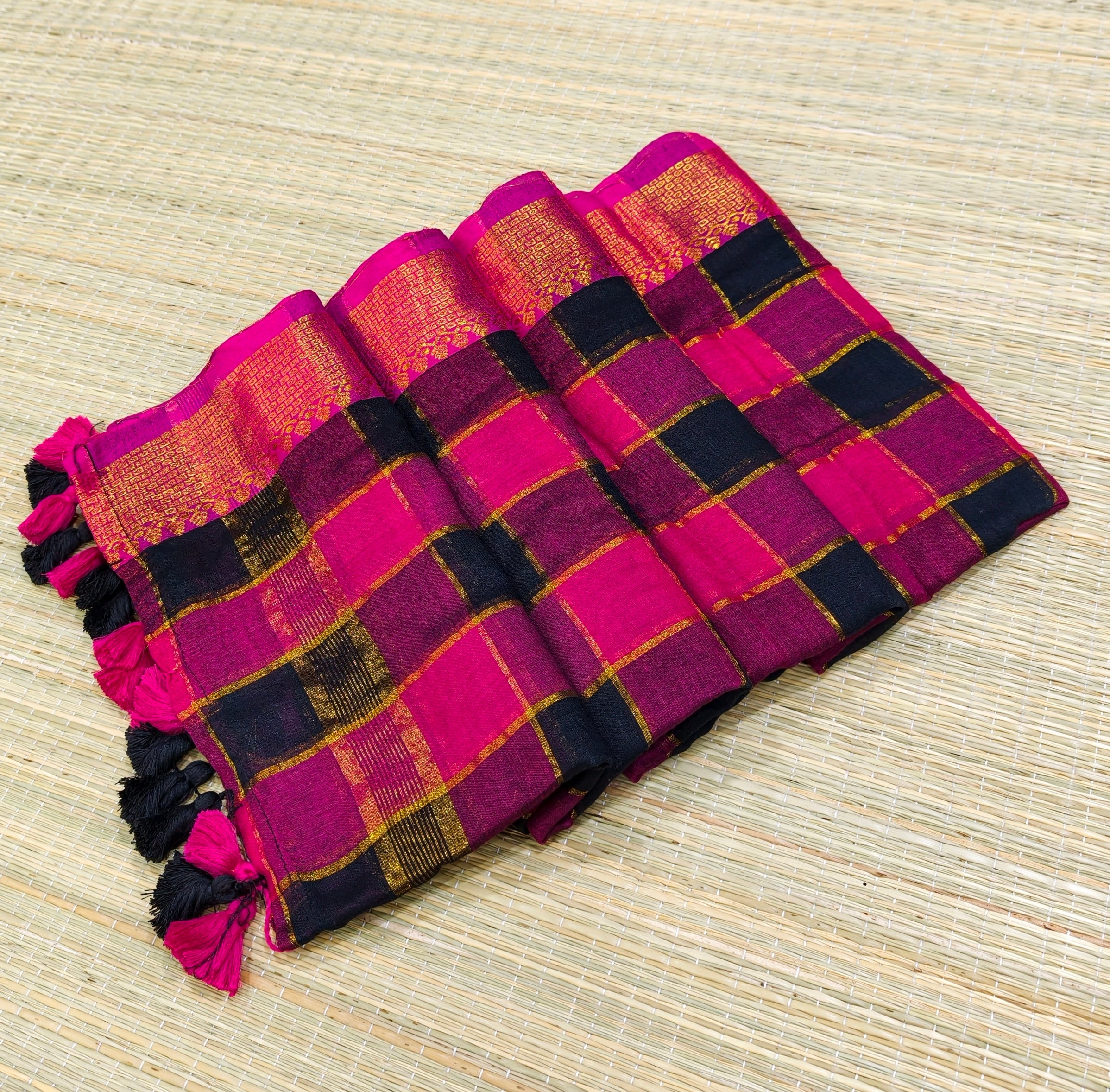 Mul cotton zari check saree