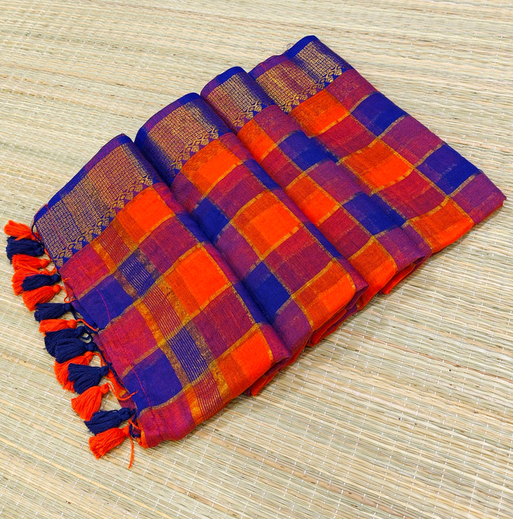Mul cotton zari check saree
