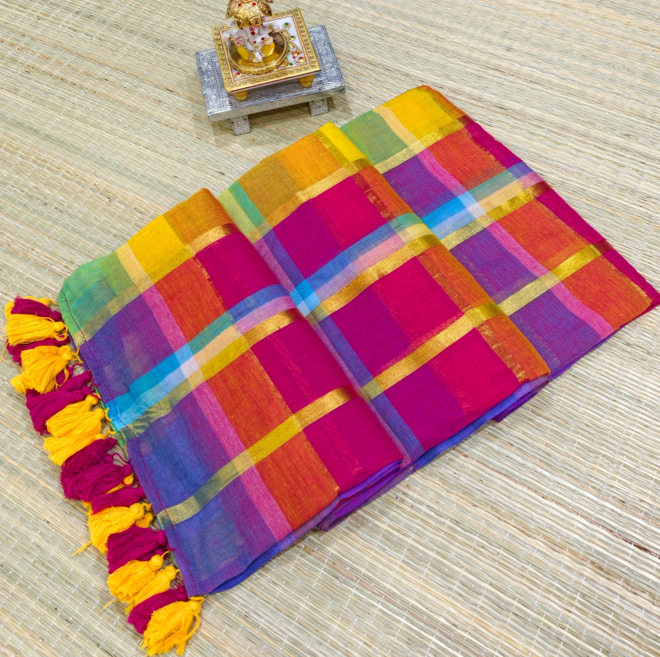 Premium multi big zari checks mul cotton saree PMK51