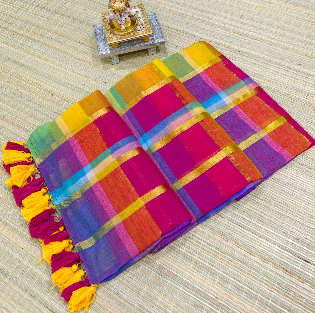 Premium multi big zari checks mul cotton saree PMK51