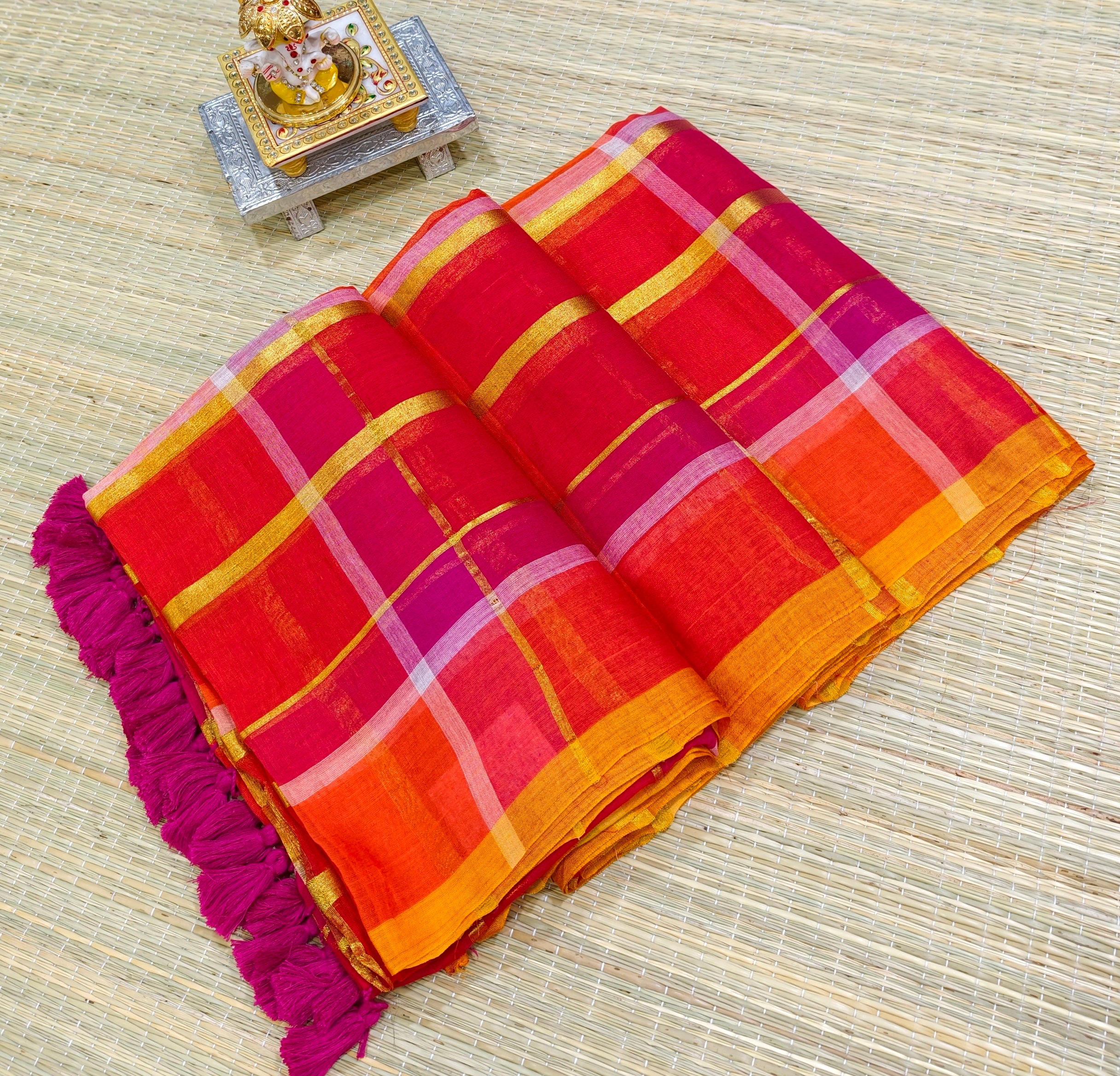 Premium multi big zari checks mul cotton saree PMK51