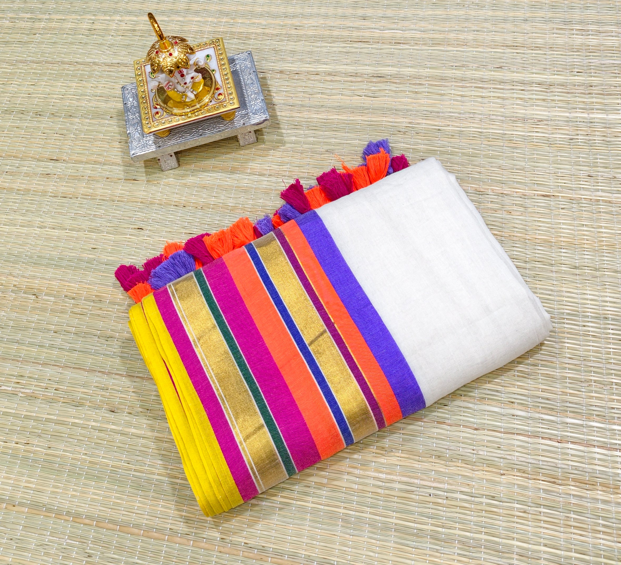 Premium mul cotton saree with multicolor zari border PMK30