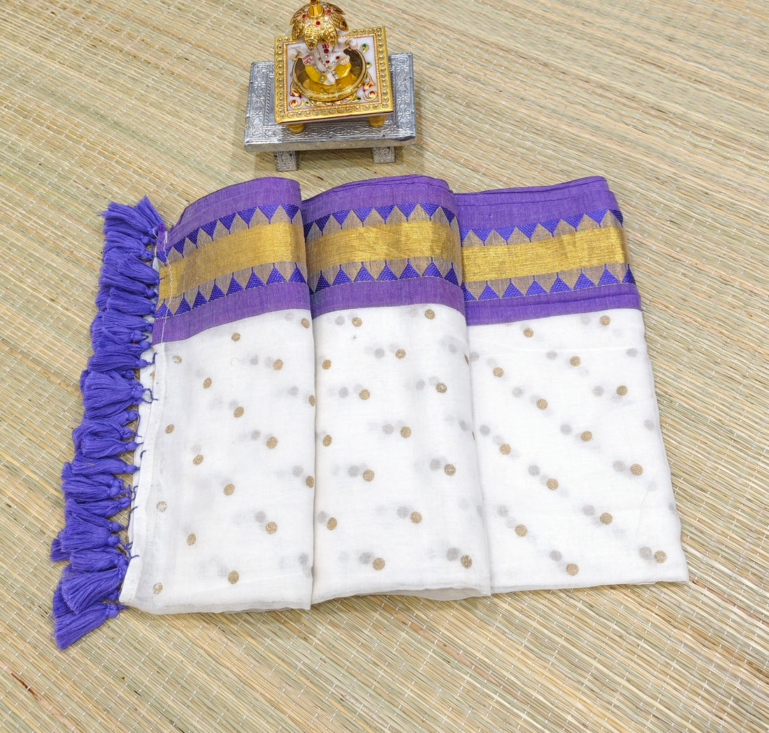 Premium mul cotton saree with polka dots and zari border PMK