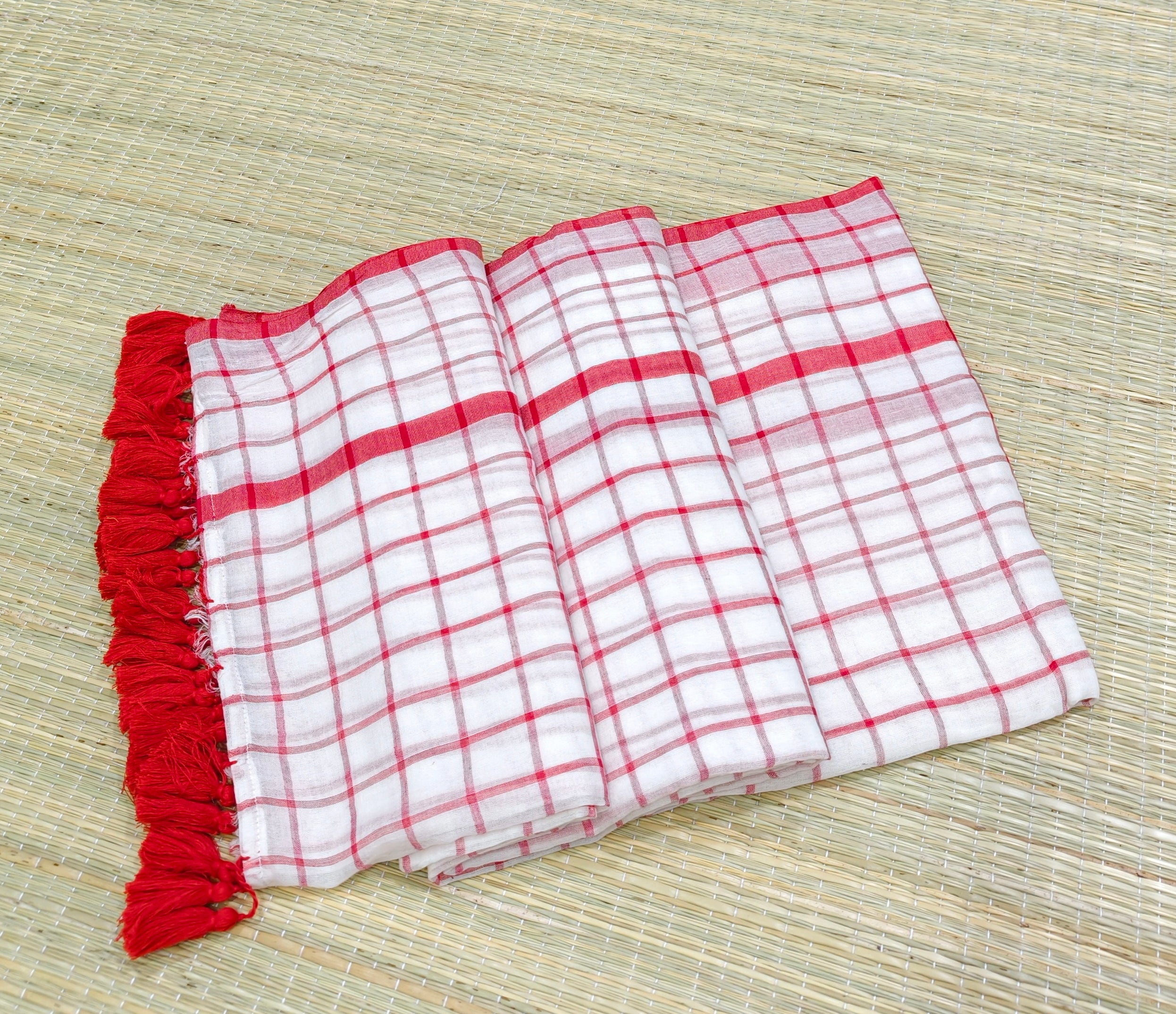 Premium red and white checks saree