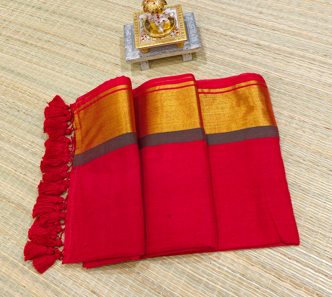 Premium mul cotton saree with green stripe zari border PMK