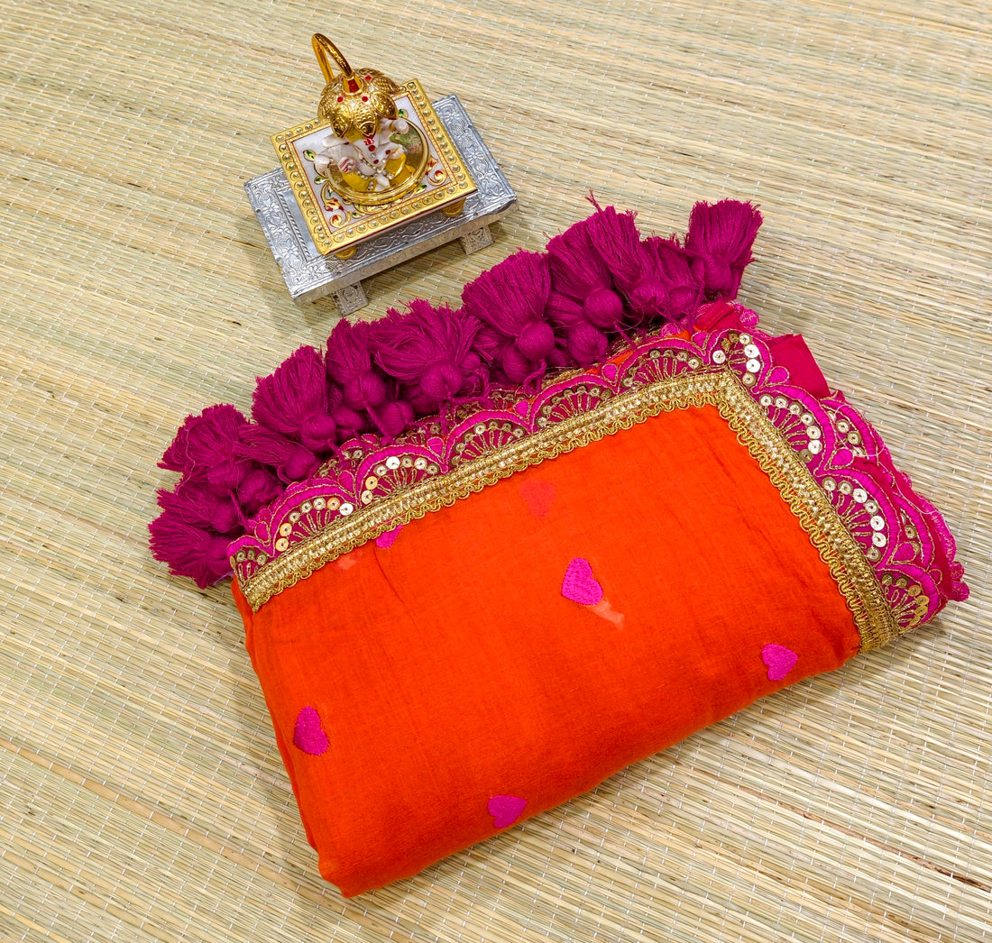 Premium mul heart embroidery with lace and big tassels PMK