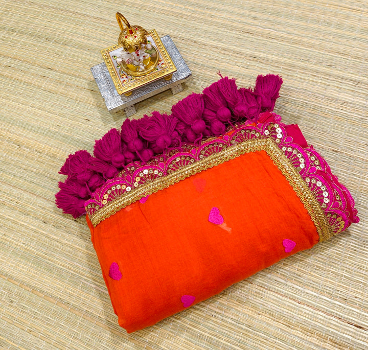 Premium mul heart embroidery with lace and big tassels PMK